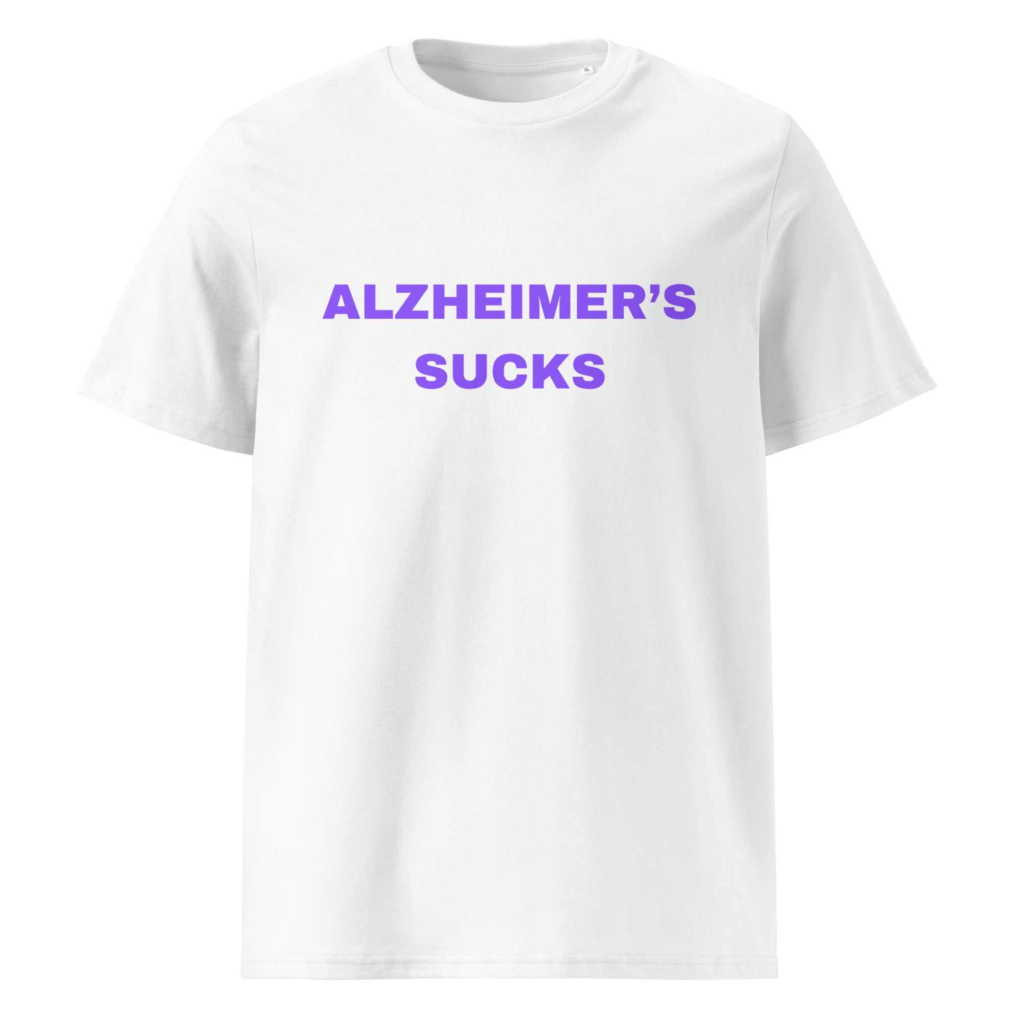 White unisex organic cotton t-shirt with purple text reading Alzheimers Sucks