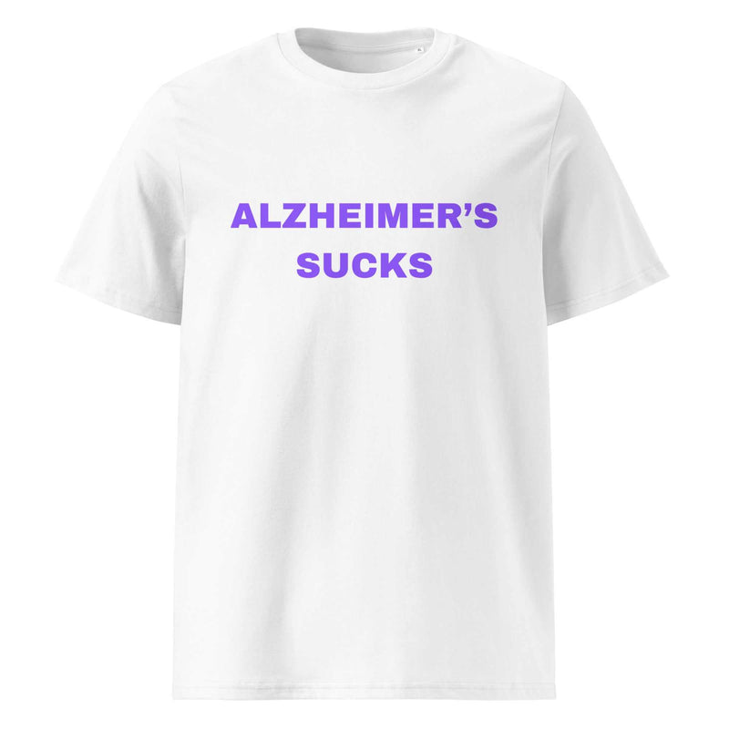 White unisex organic cotton T-shirt with "Alzheimer's Sucks" graphic front, casual style, from Greg's AZ Store.