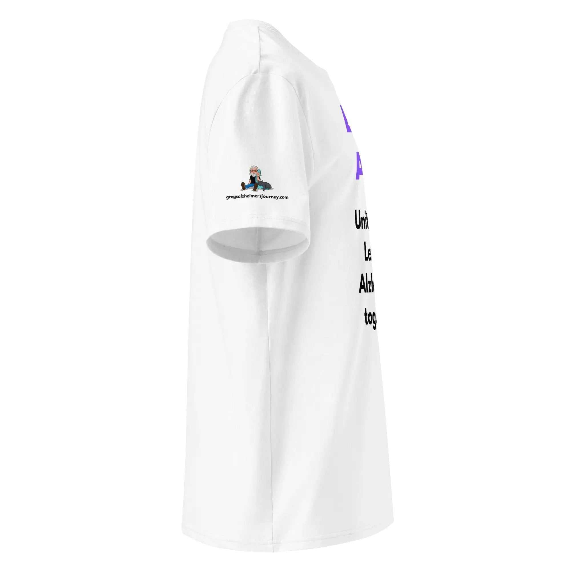 Side view of white END ALZ unisex t-shirt with logo on sleeve and text on side