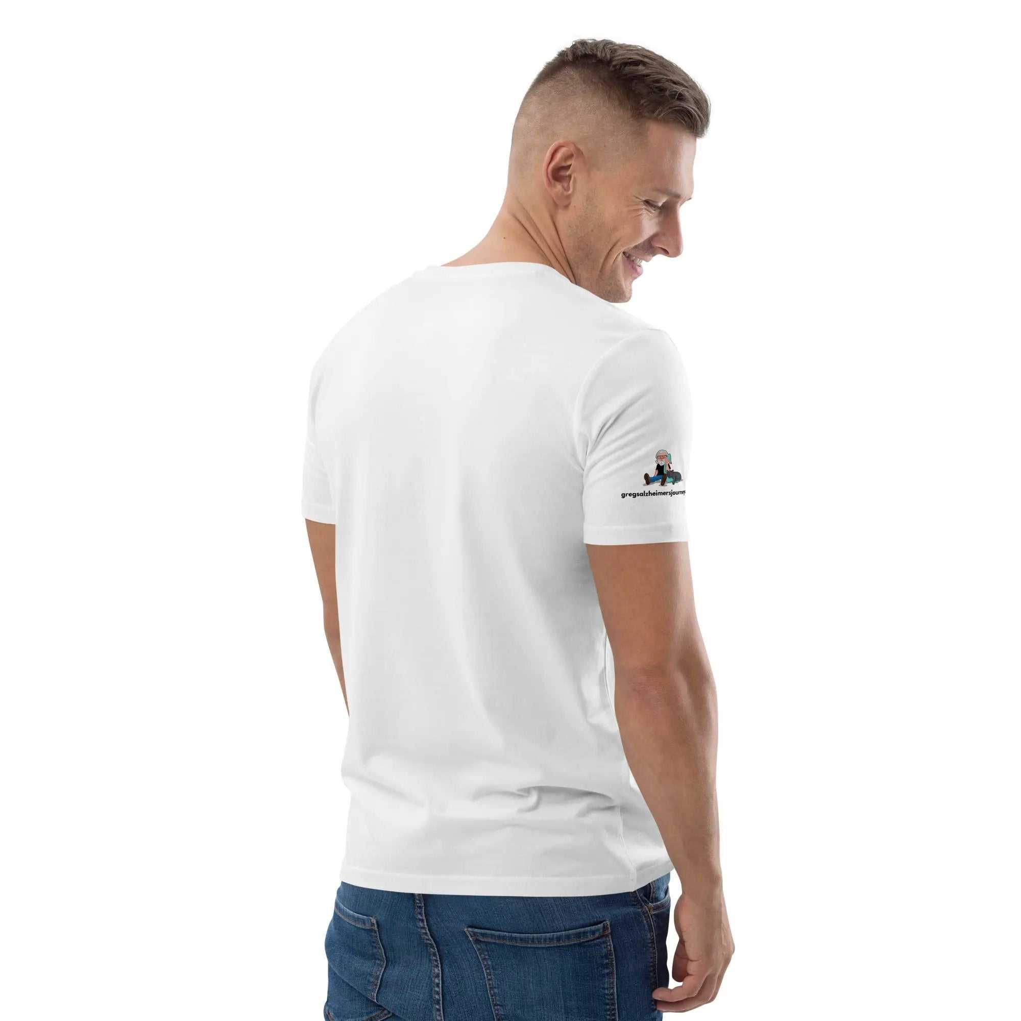 White unisex END ALZ T-shirt by Stanley/Stella made from 100% organic cotton, featuring Alzheimer's awareness logo on the right back.