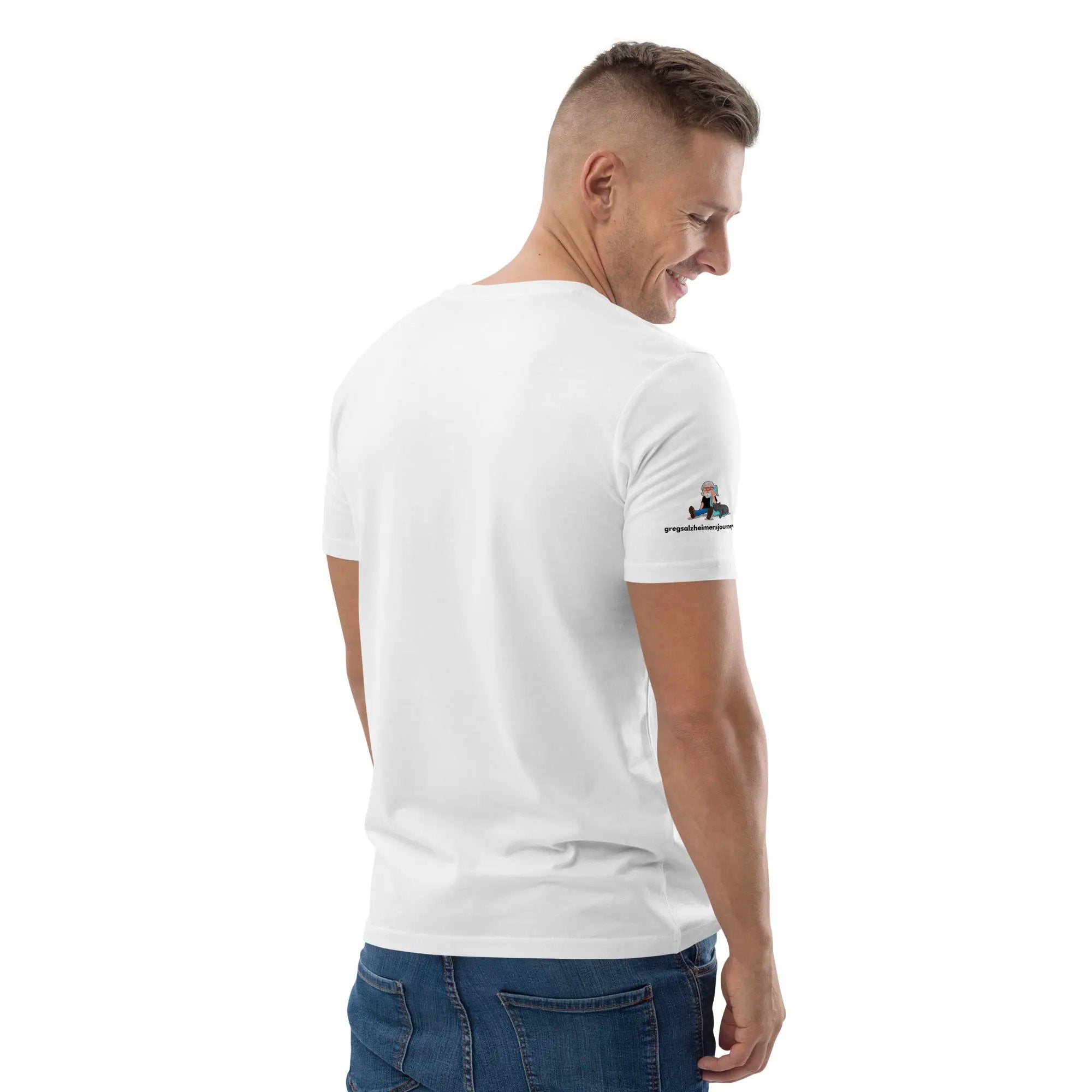 White unisex END ALZ T-shirt by Stanley/Stella made from 100% organic cotton, featuring Alzheimer's awareness logo on the right back.