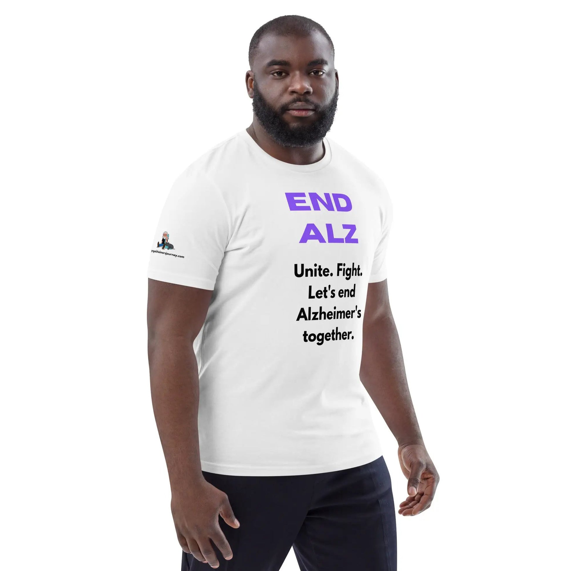 Unisex white organic cotton T-shirt with Alzheimer's awareness logo and text, featuring a right-front view.