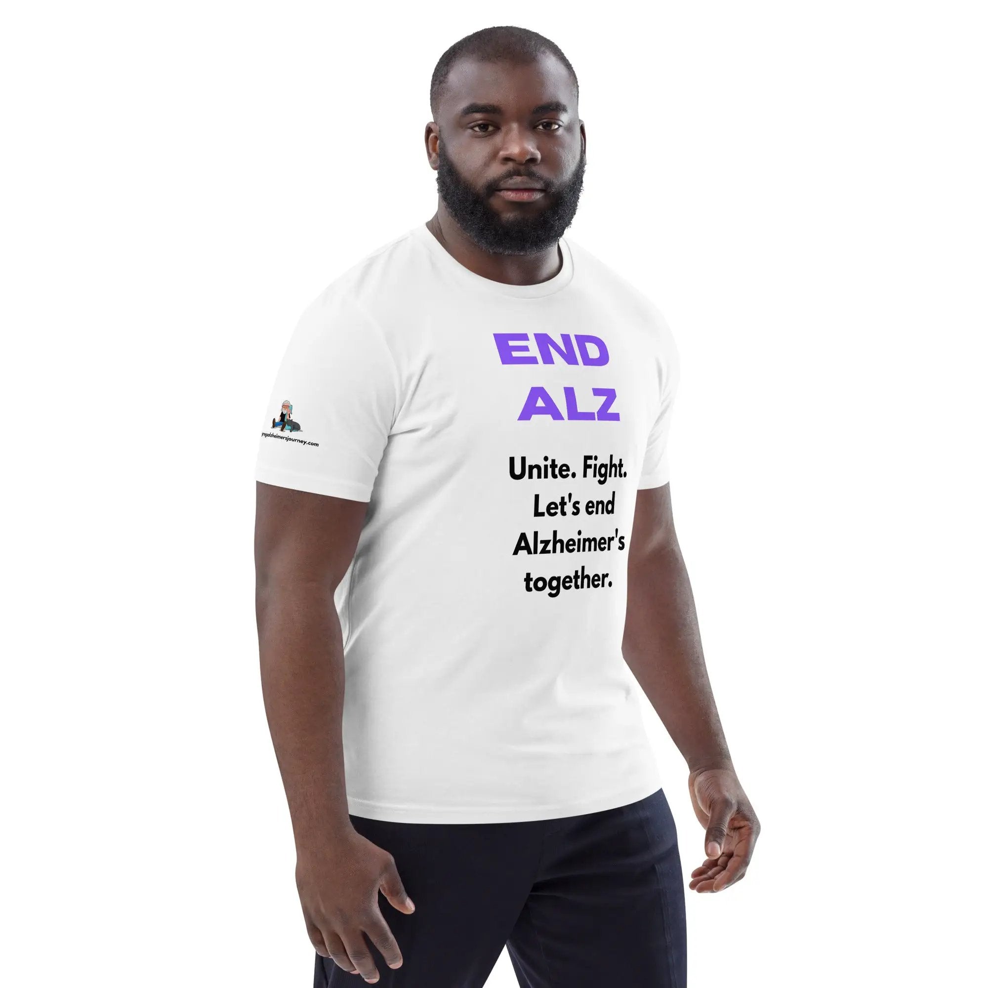 Unisex white organic cotton T-shirt with Alzheimer's awareness logo and text, featuring a right-front view.