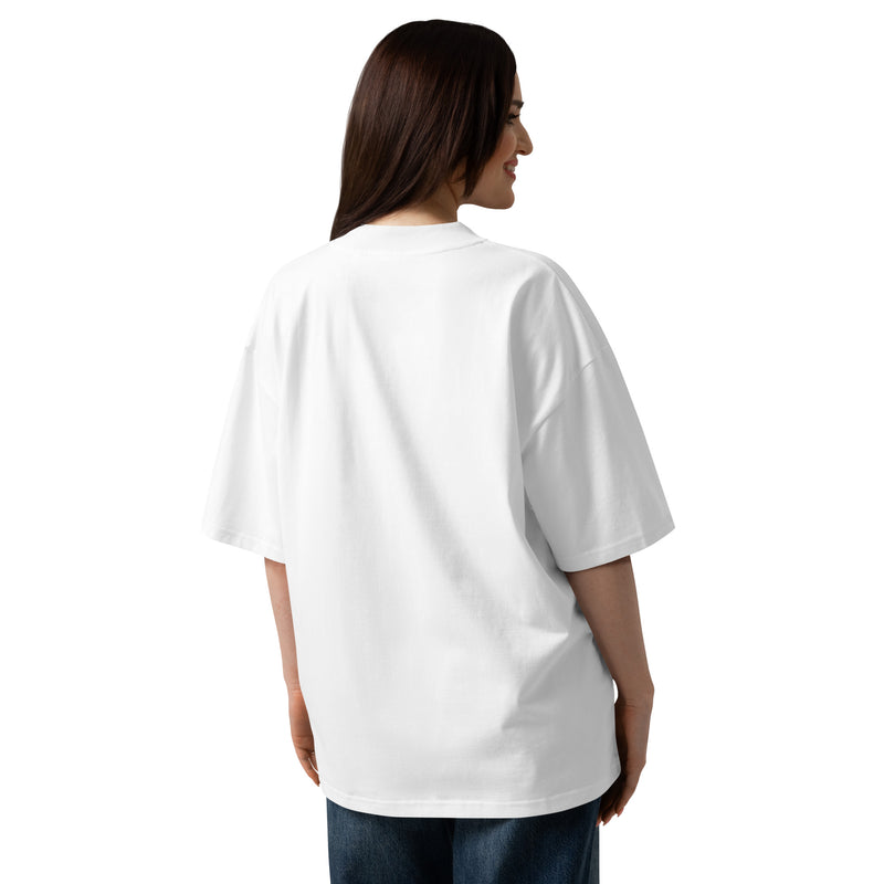 Back view of a person wearing a white unisex organic oversized high neck t-shirt