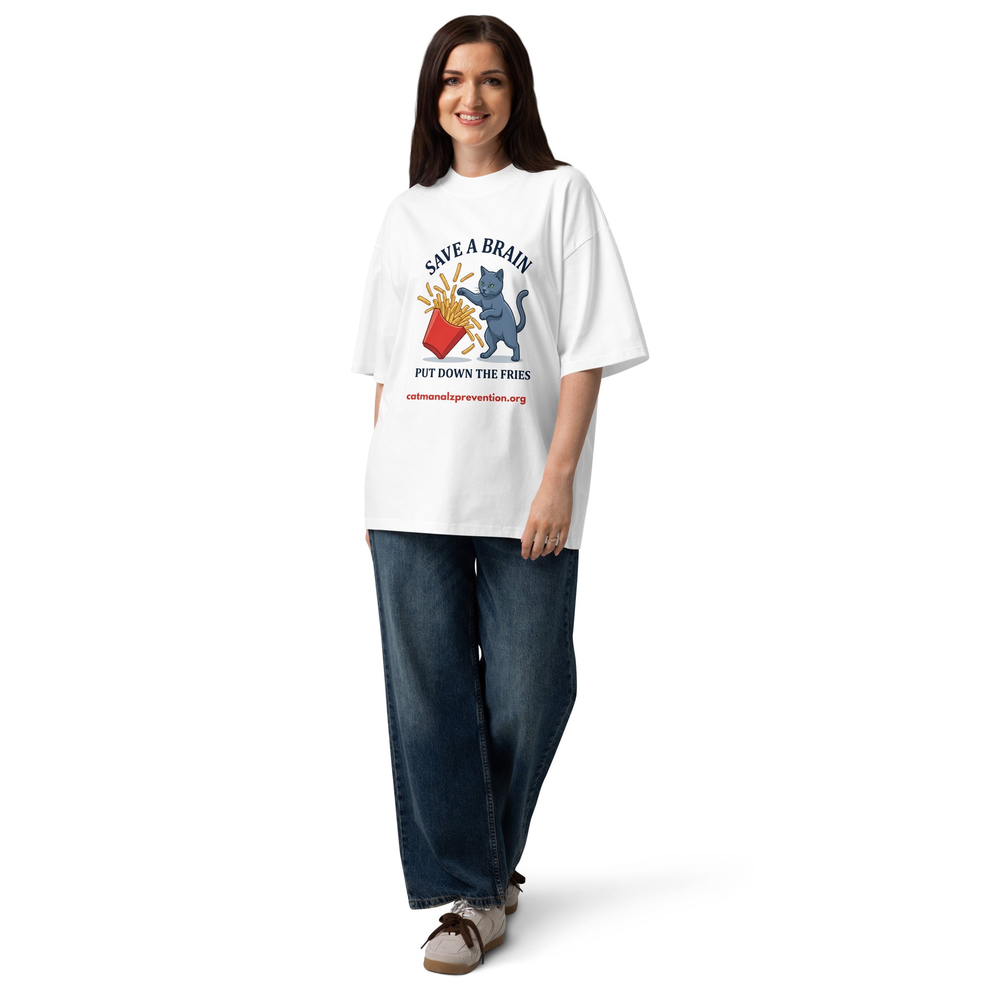 Unisex organic oversized high neck t-shirt featuring a cat graphic and text about Alzheimer's prevention