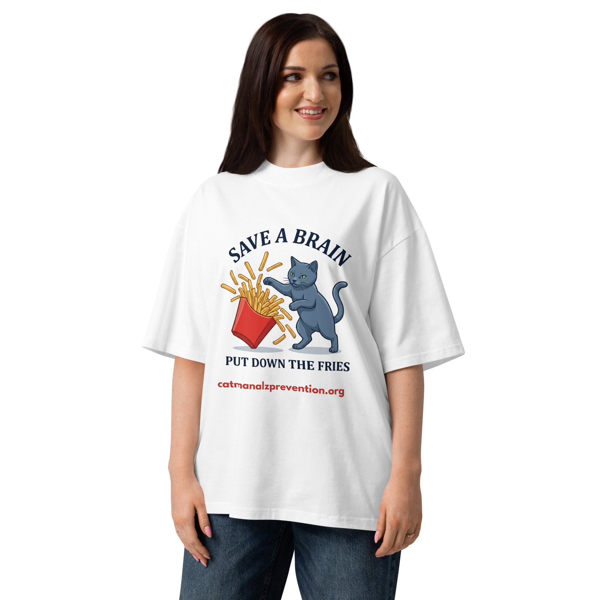 Unisex organic oversized high neck t-shirt featuring a cat graphic with the text Save a brain put down the fries