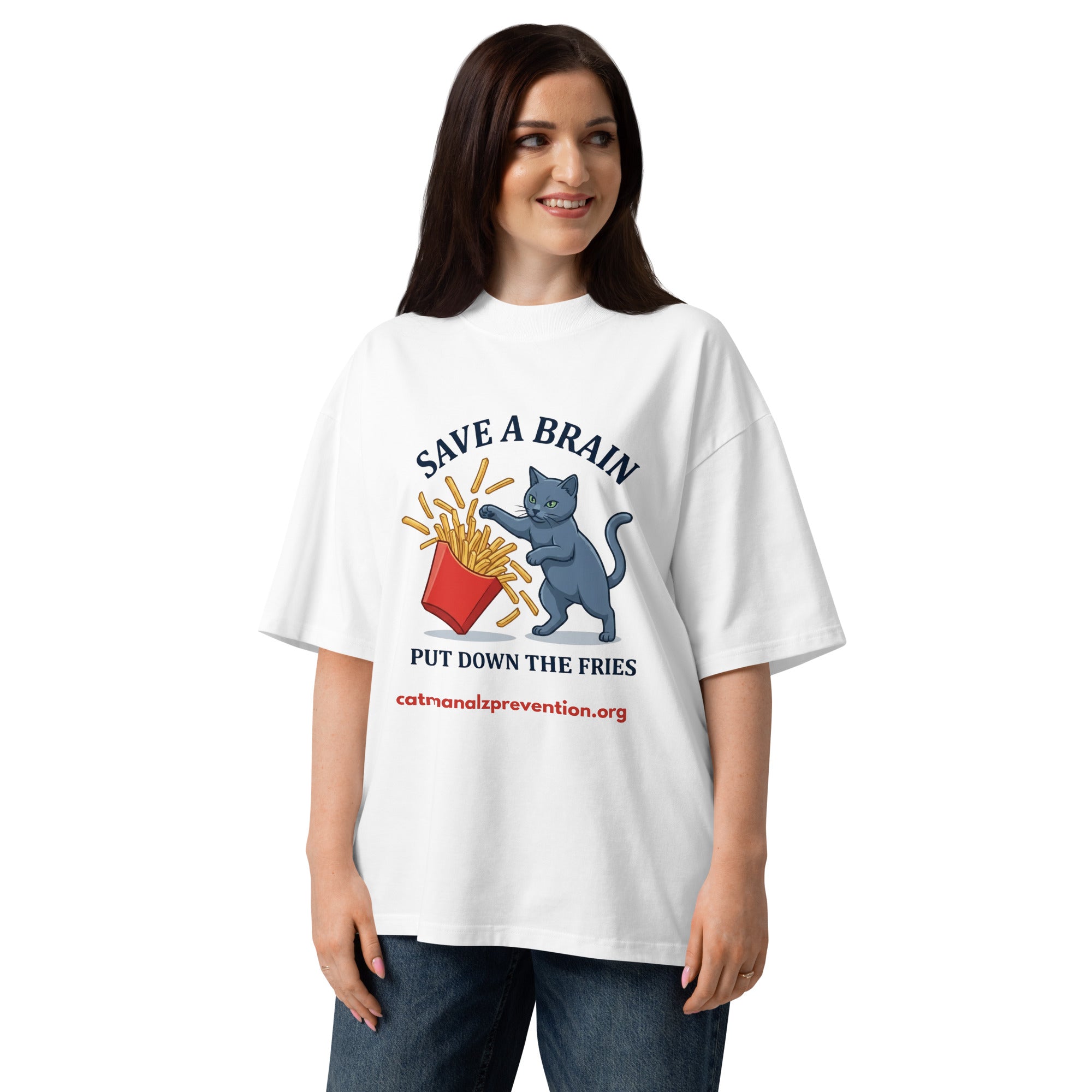 Unisex organic oversized high neck t-shirt featuring a cat graphic with the text Save a brain put down the fries