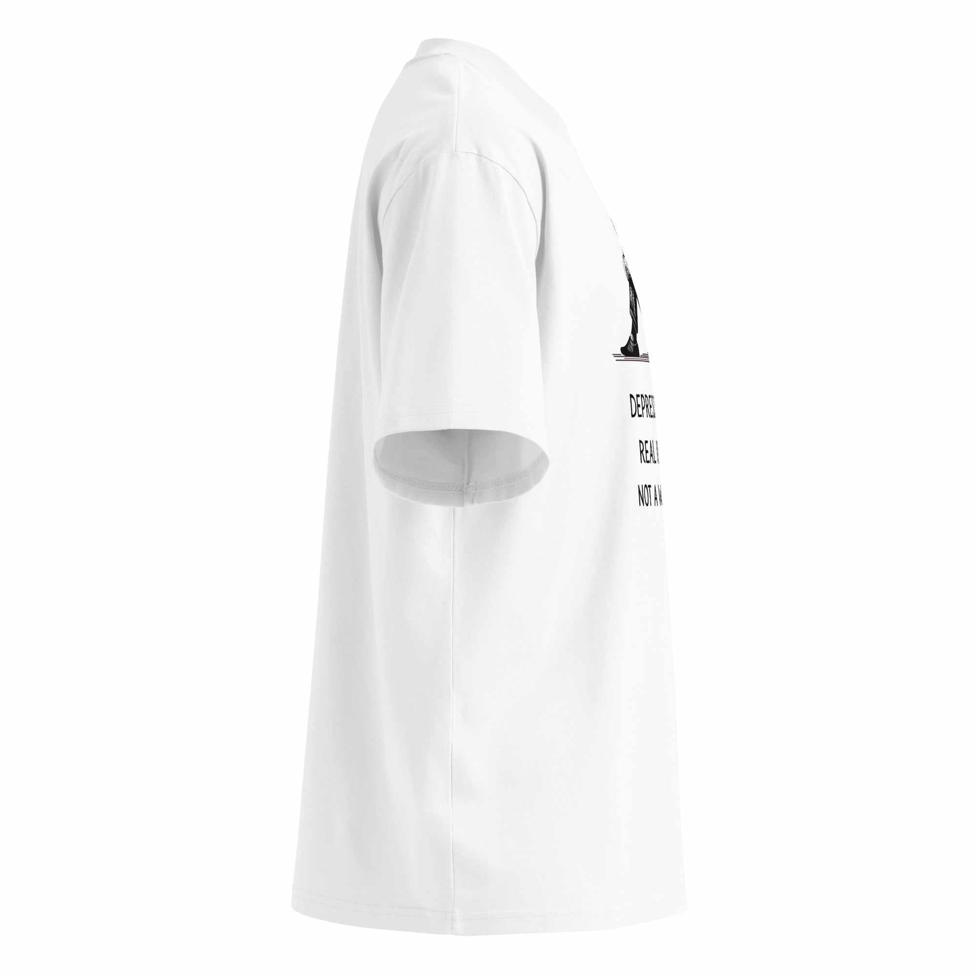 Side view of white unisex organic oversized high neck t-shirt with Depression Is a Real Illness graphic