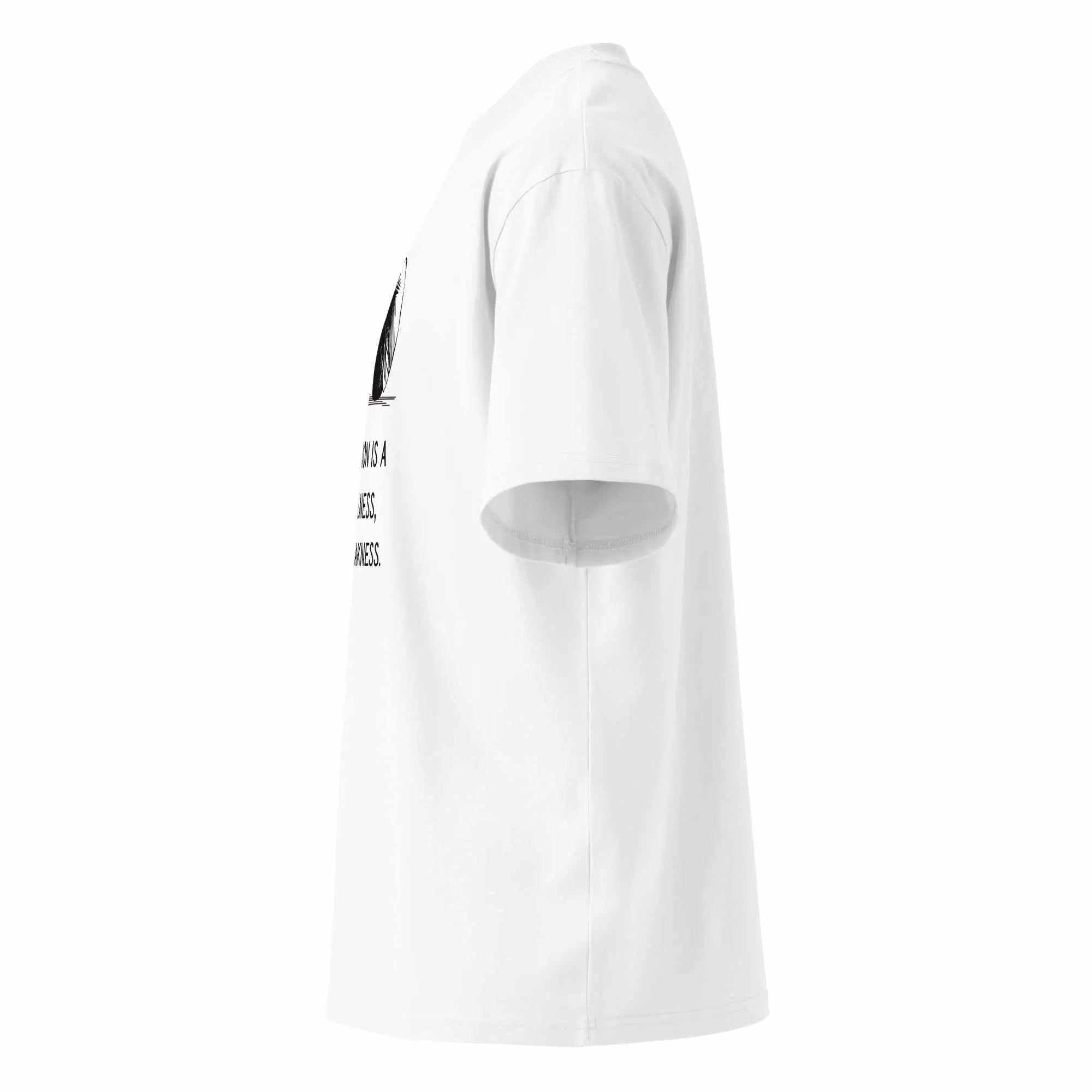 Side view of white unisex organic oversized high neck t-shirt with depression is a real illness graphic