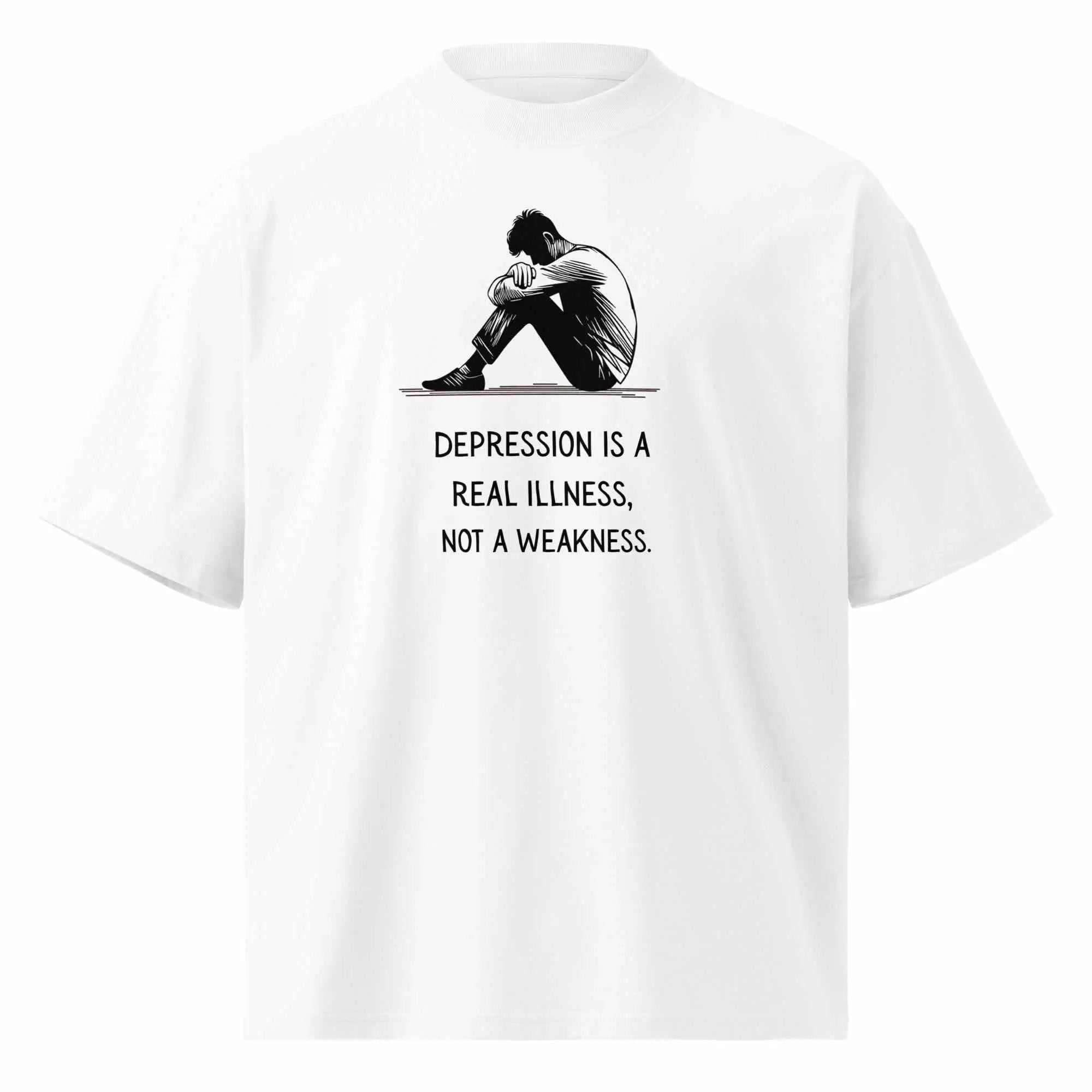 Unisex organic oversized high neck t-shirt with a graphic of a person sitting and text about depression
