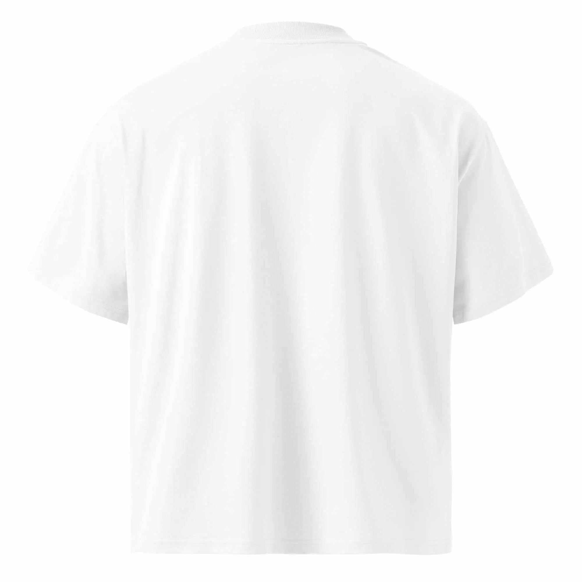 Back view of white Alzheimer's Awareness T-Shirt unisex organic oversized high neck