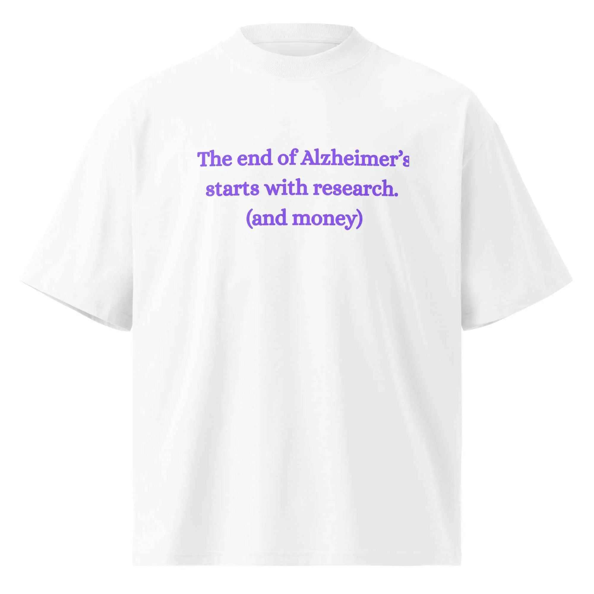 Unisex white Alzheimer's Awareness T-shirt with high neck from Greg's AZ Store, showcasing a comfortable oversized organic cotton design.