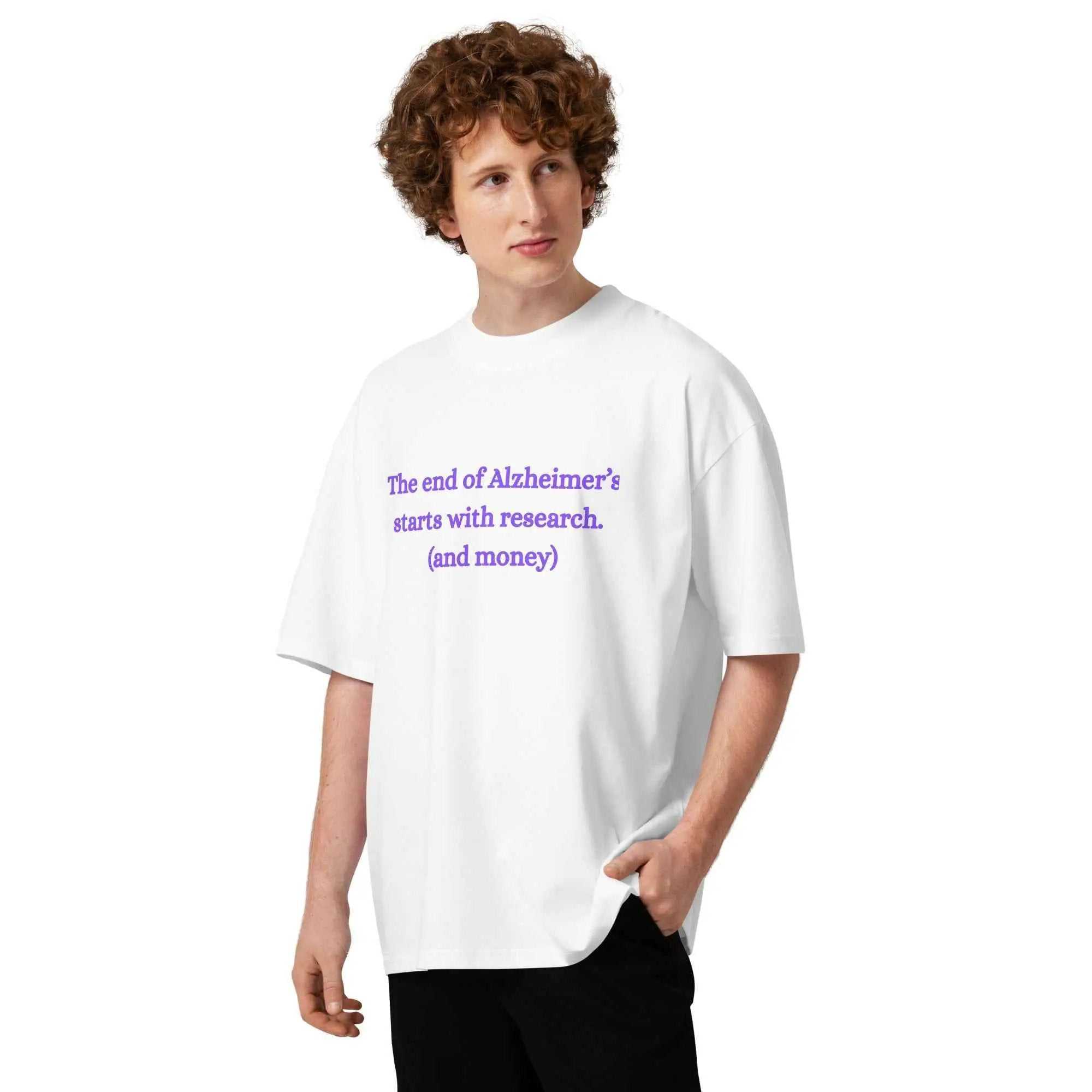 White unisex organic Alzheimer's Awareness T-shirt with high neck, front view, featuring awareness ribbon design by Greg's AZ Store.
