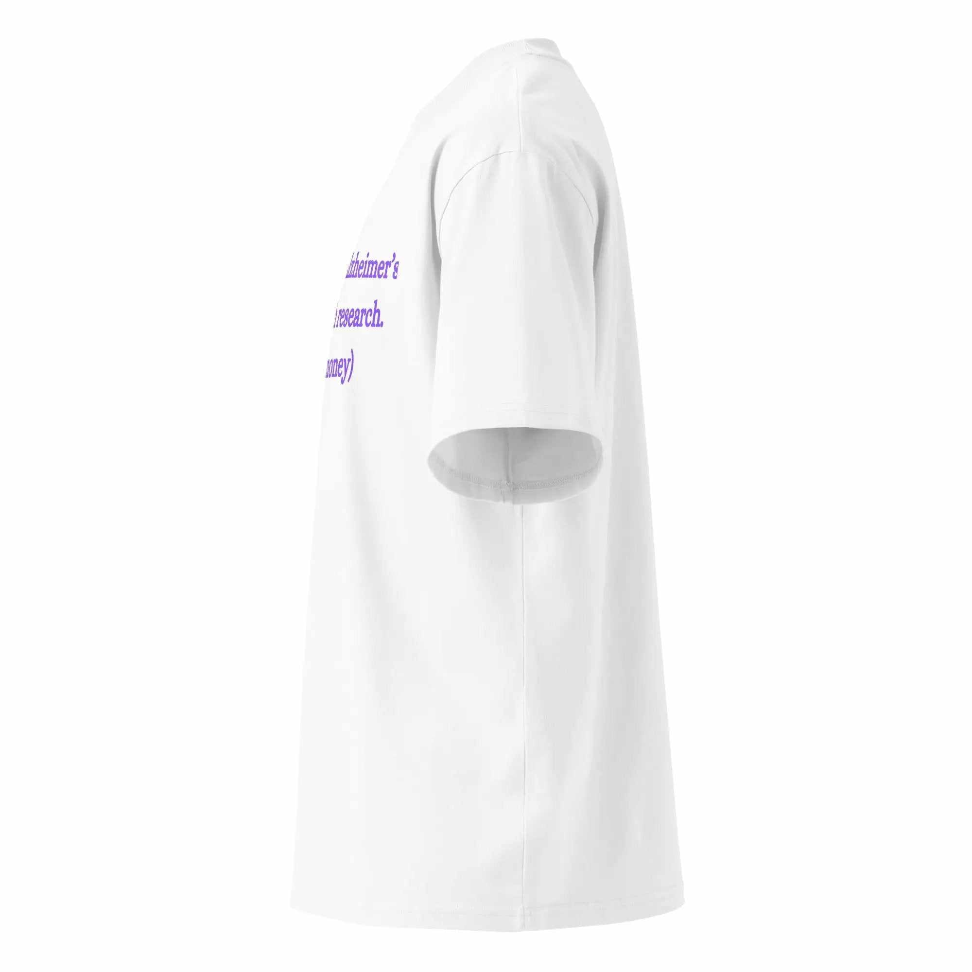 Side view of white Alzheimer's Awareness unisex organic oversized high neck t-shirt with purple text