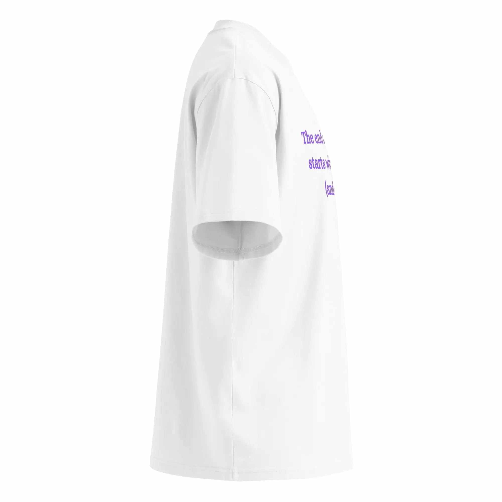 Side view of white Alzheimer's Awareness T-Shirt with purple text