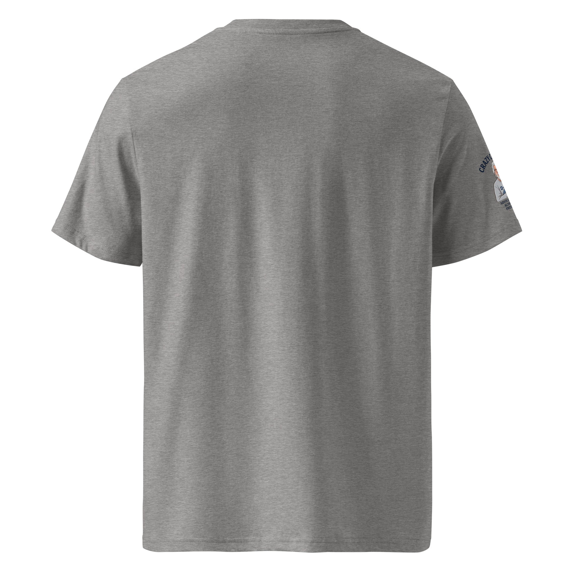 Back view of grey Unisex Organic Ribbed Neck T-Shirt with small graphic on sleeve