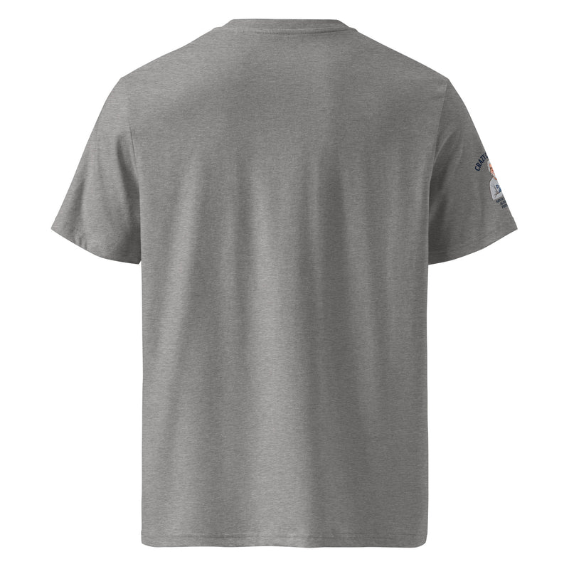 Back view of grey Unisex Organic Ribbed Neck T-Shirt with small graphic on sleeve