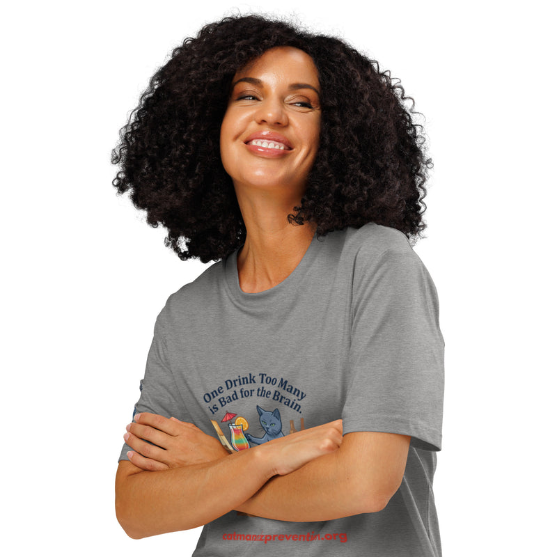 Person wearing a grey Unisex Organic Ribbed Neck T-Shirt with a cat graphic and text about brain health