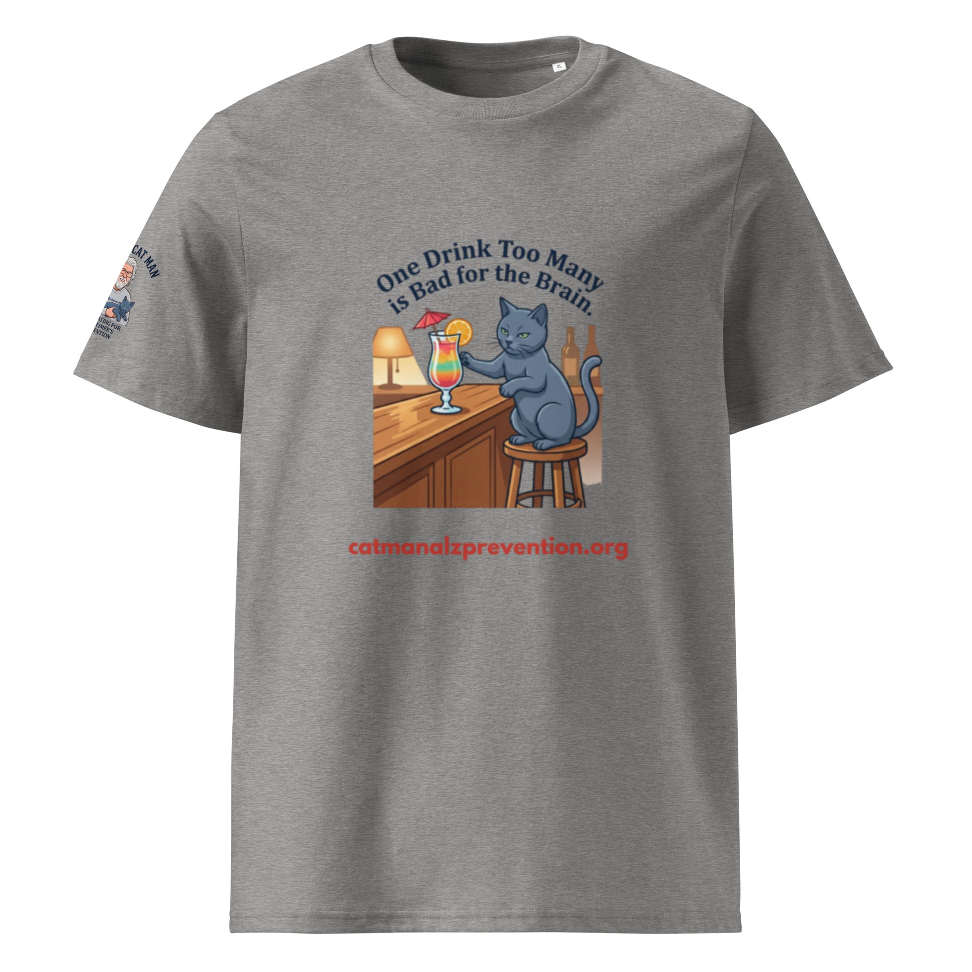 Grey unisex organic ribbed neck t-shirt with a cat at a bar graphic and text about Alzheimer prevention