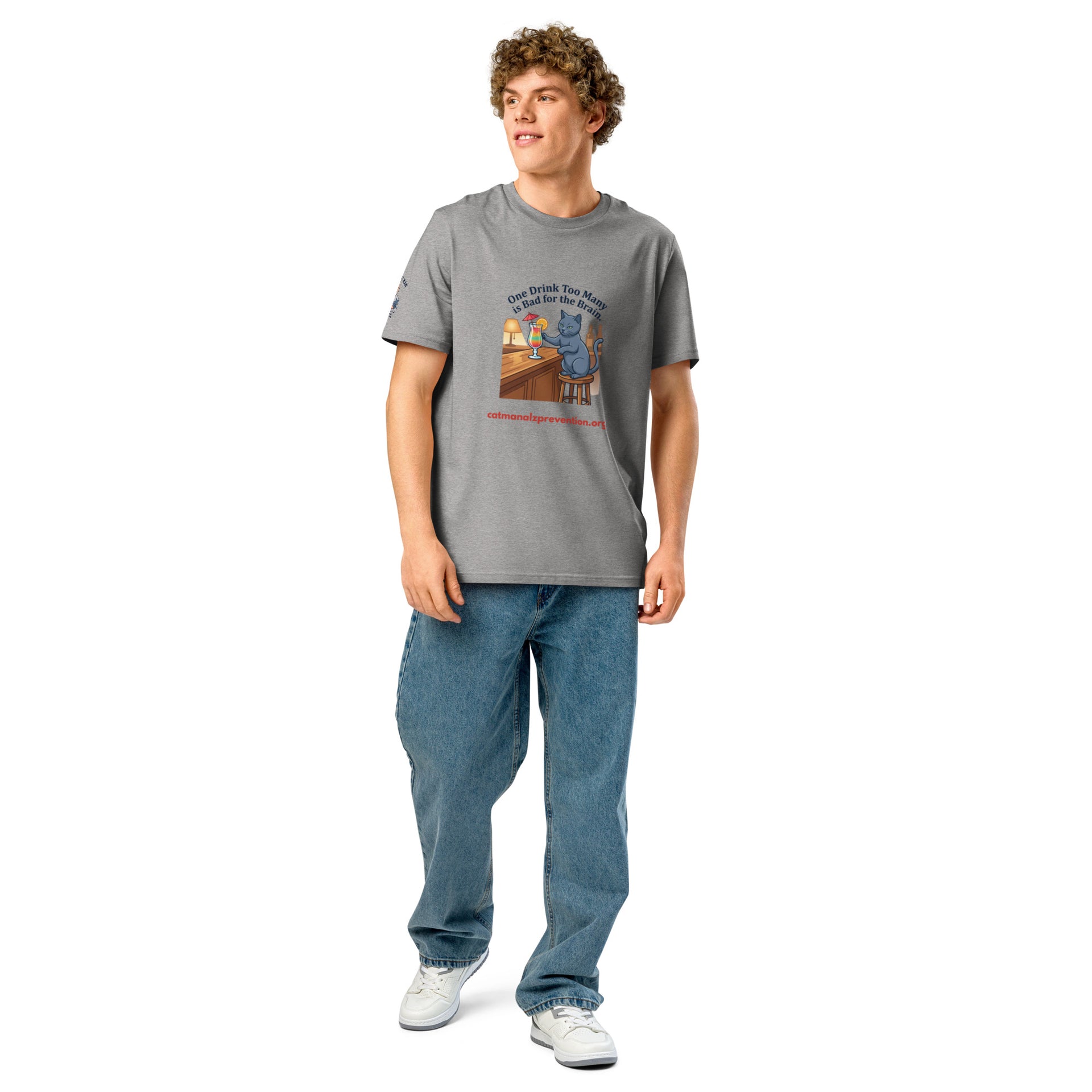 Man wearing grey Unisex Organic Ribbed Neck T-Shirt with cat graphic and Alzheimer prevention text