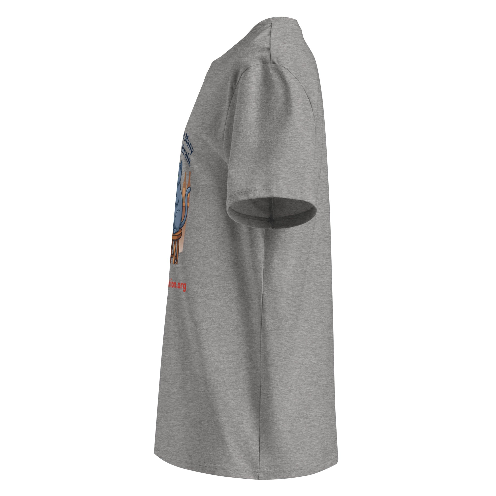 Side view of grey unisex organic ribbed neck t-shirt with Alzheimer awareness graphic