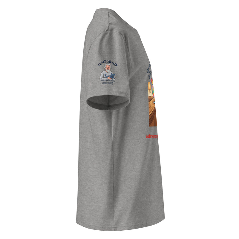 Side view of grey unisex organic ribbed neck t-shirt with Alzheimer's prevention graphic on sleeve and torso