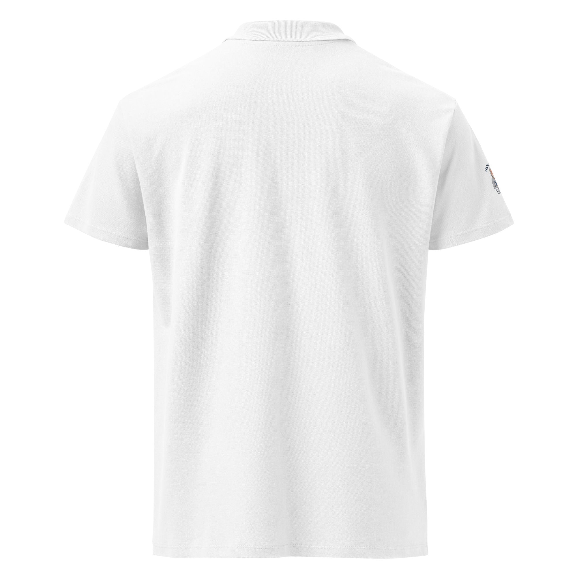 Back view of white Alzheimer's Prevention Polo Shirt with Cat Man Signature logo on sleeve
