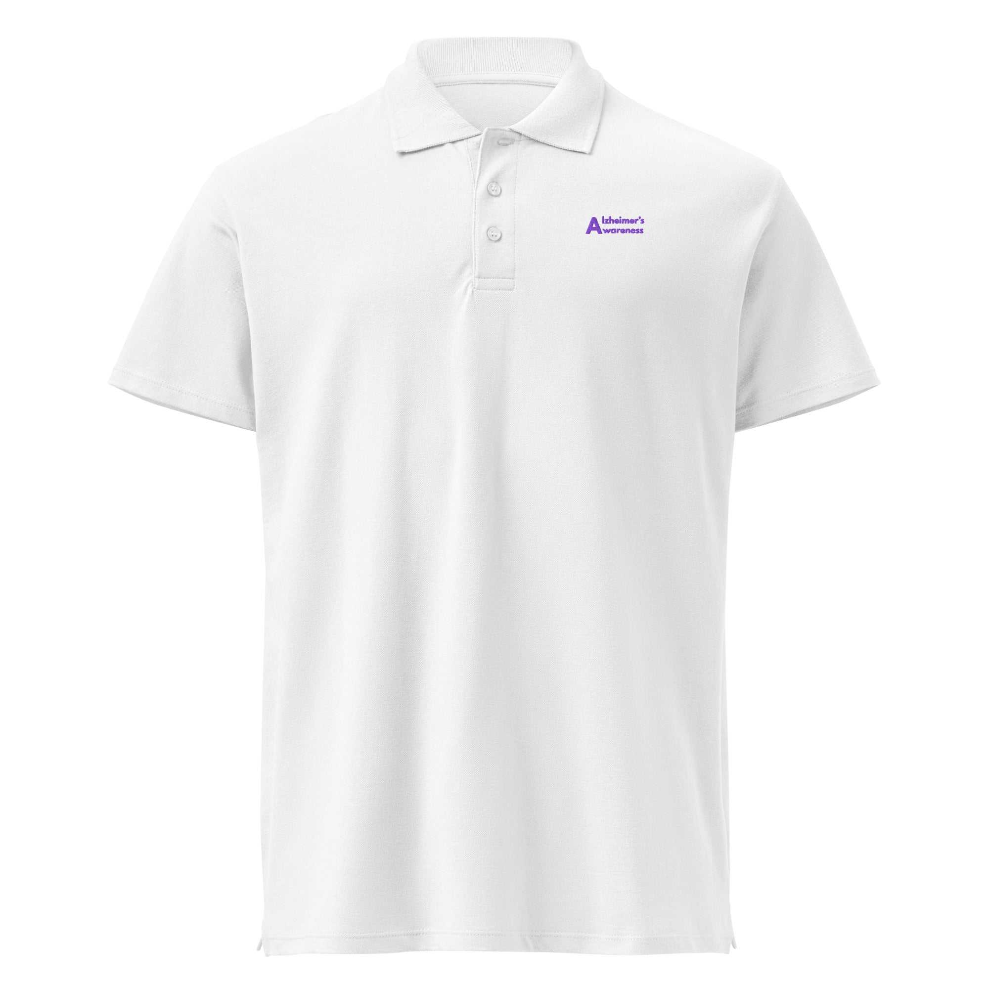 White Alzheimer's Awareness premium pique polo shirt with purple logo on chest
