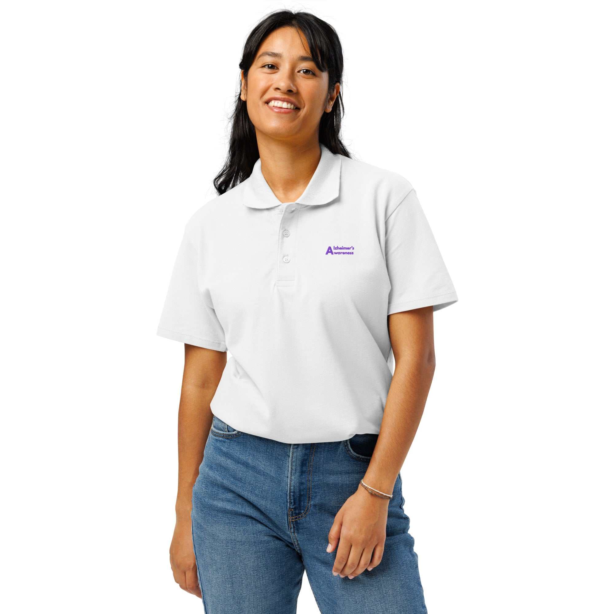 Woman wearing a white Alzheimer's Awareness premium pique polo shirt with purple logo