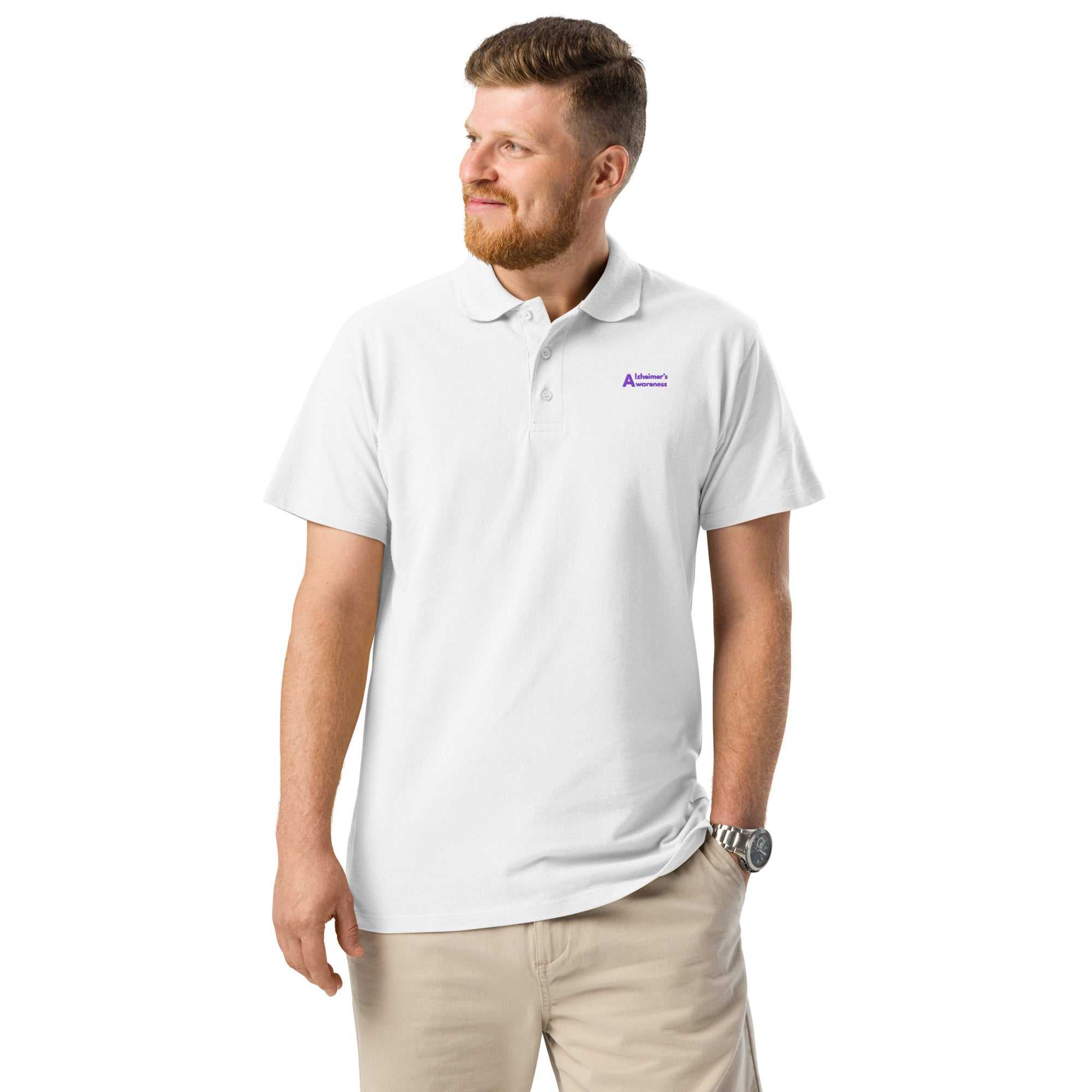 Man wearing a white Alzheimer's Awareness premium pique polo shirt with a purple logo on the chest