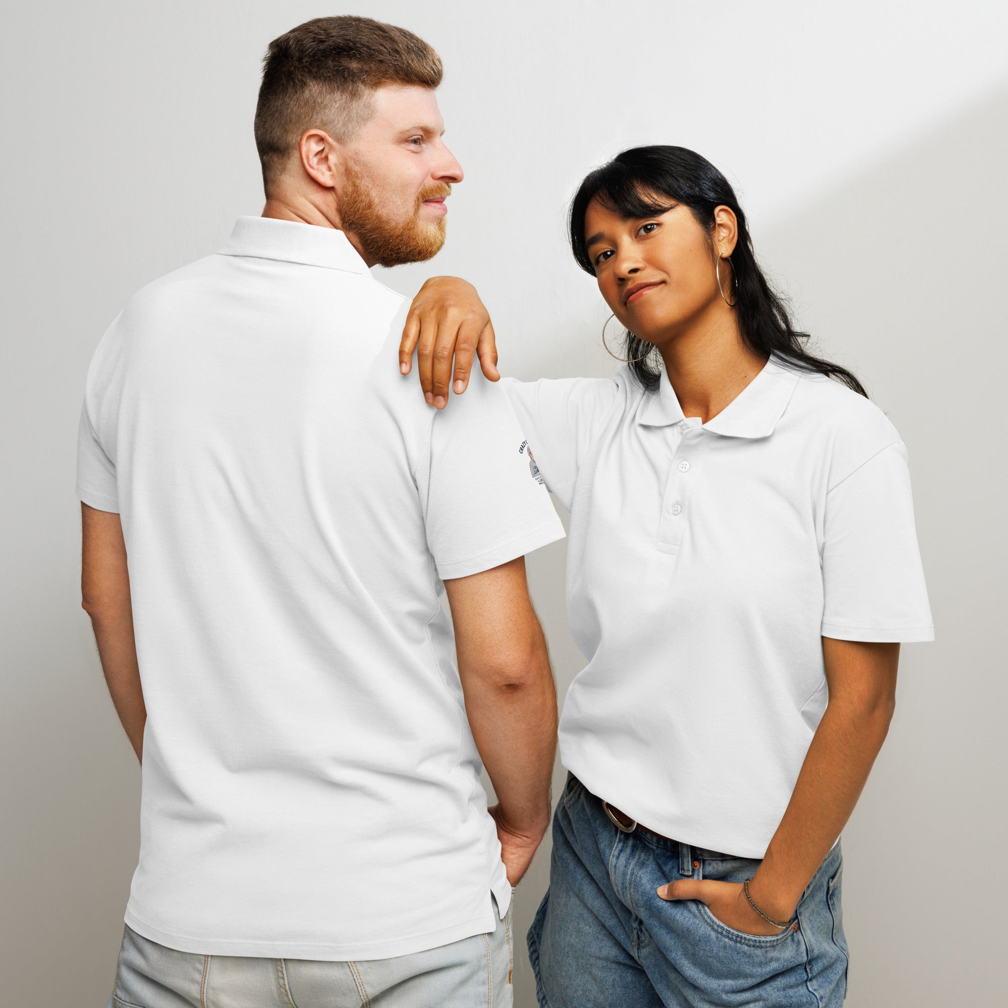 Man and woman wearing white Alzheimer's Prevention unisex cotton polo shirts