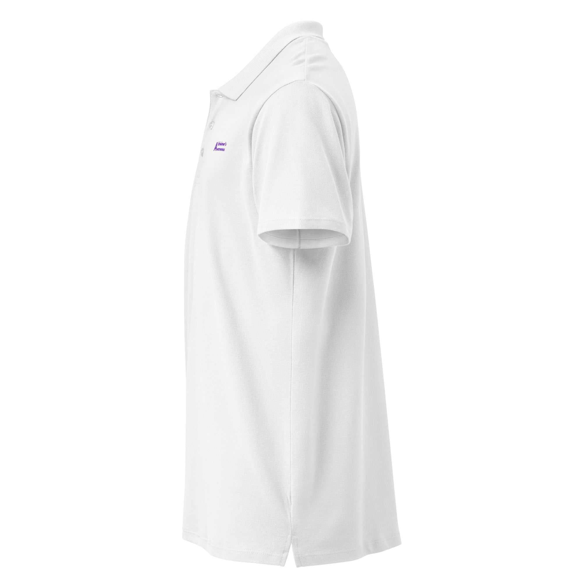 Side view of white Alzheimer's Awareness premium pique polo shirt