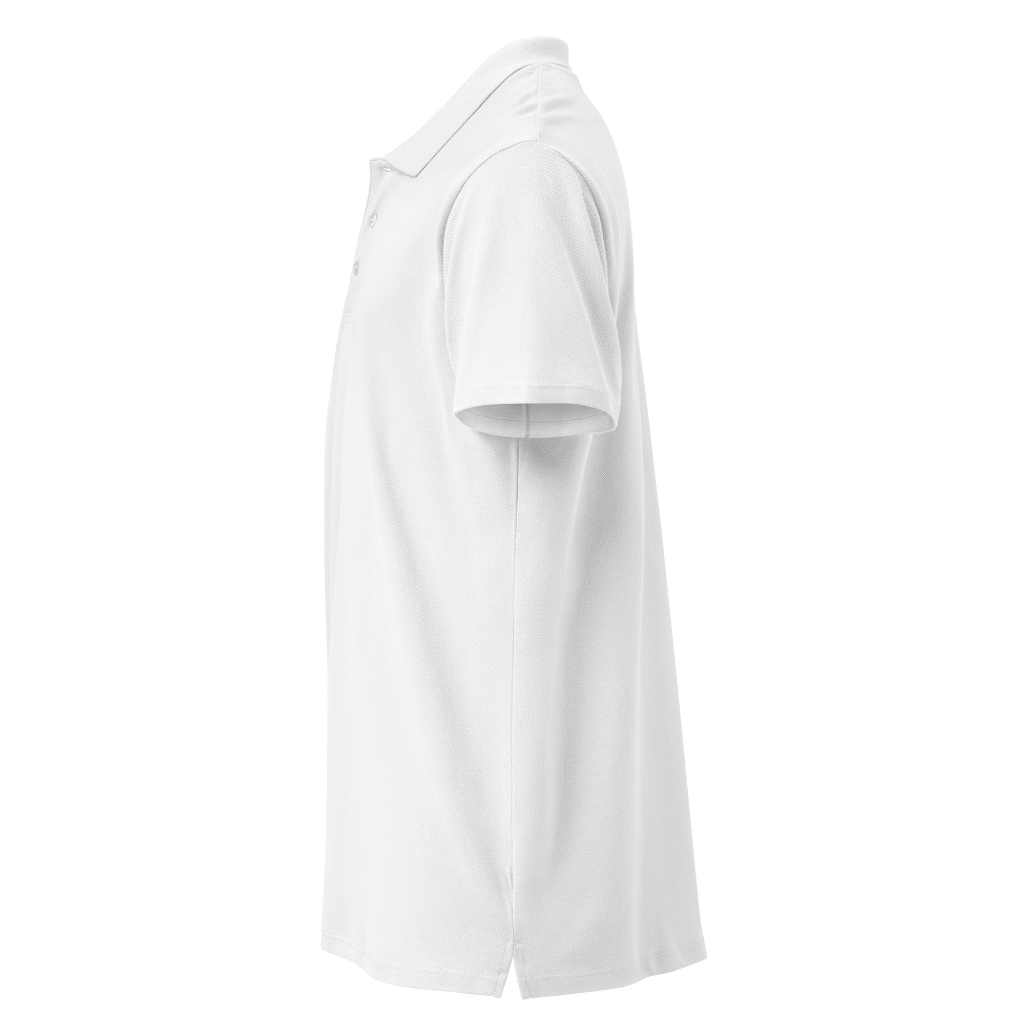 Side profile of a white Cat Man Signature unisex cotton polo shirt