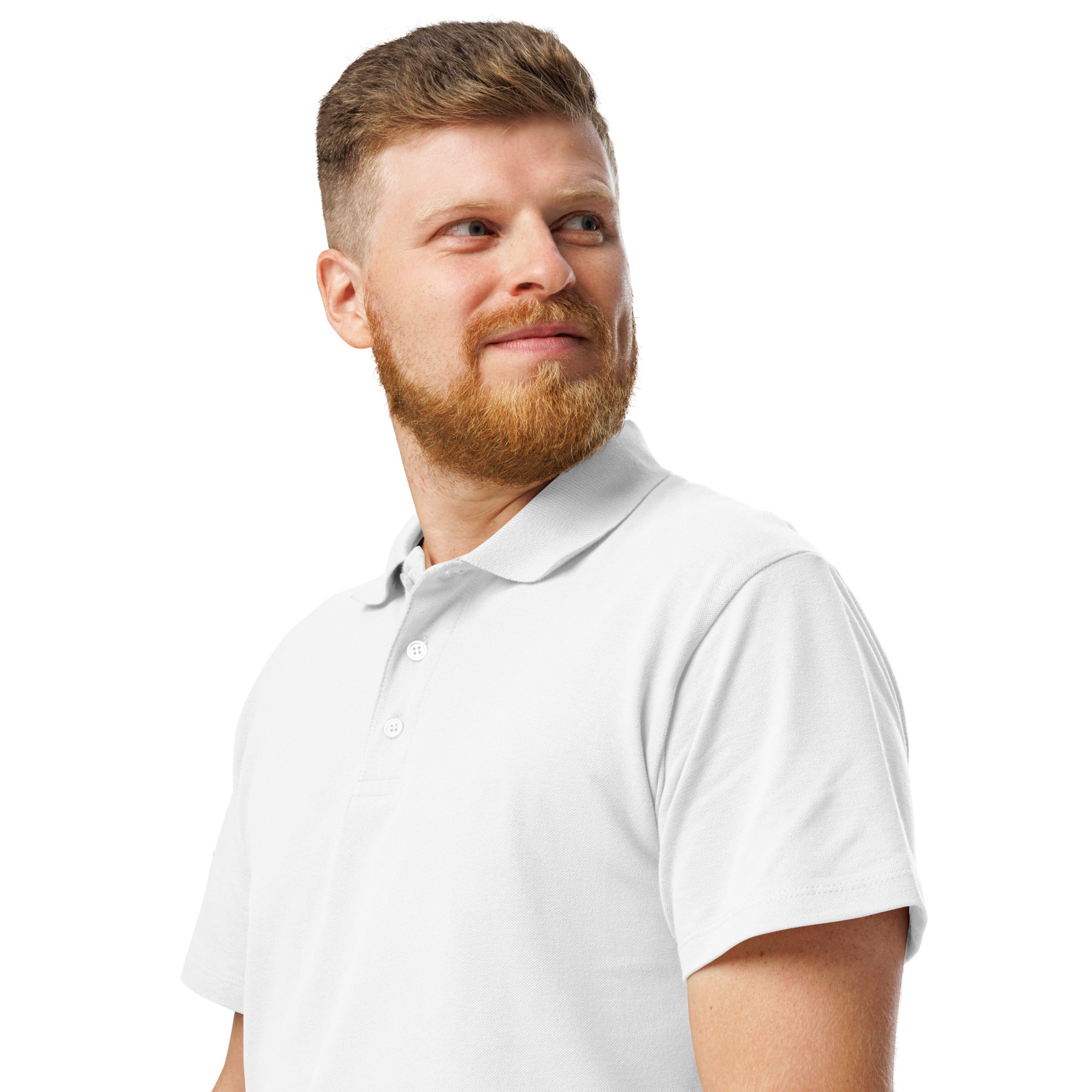 Man wearing a white Alzheimer's Prevention Polo Shirt