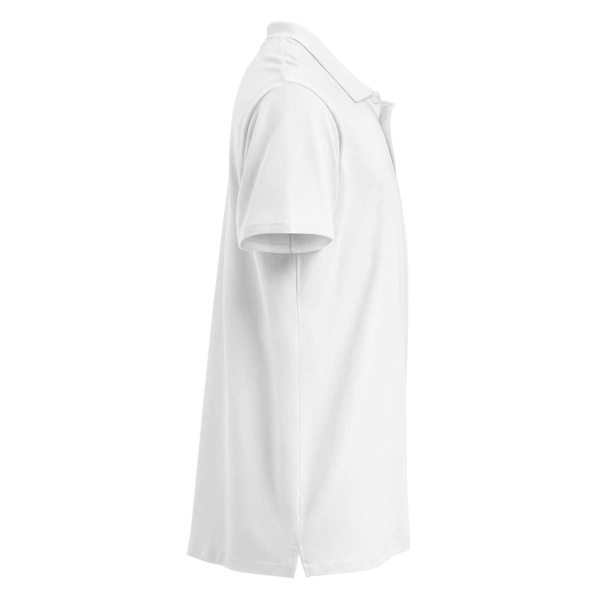 Side view of a white Alzheimer's Awareness Premium Pique Polo Shirt
