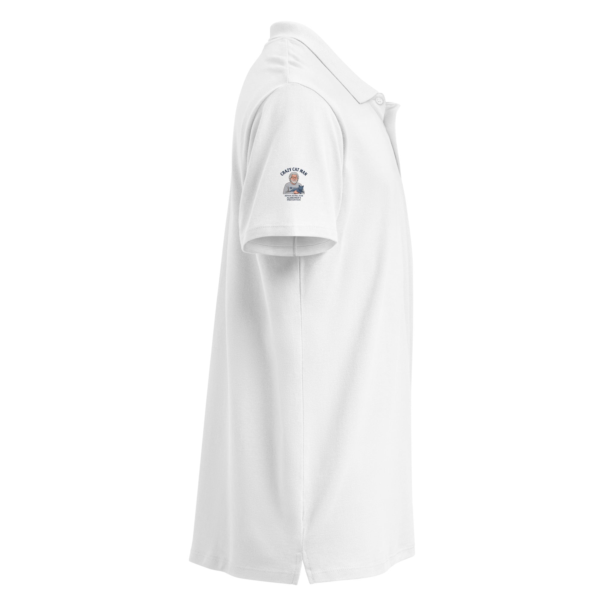 Side view of white Alzheimer's Prevention polo shirt with Crazy Cat Man logo on sleeve