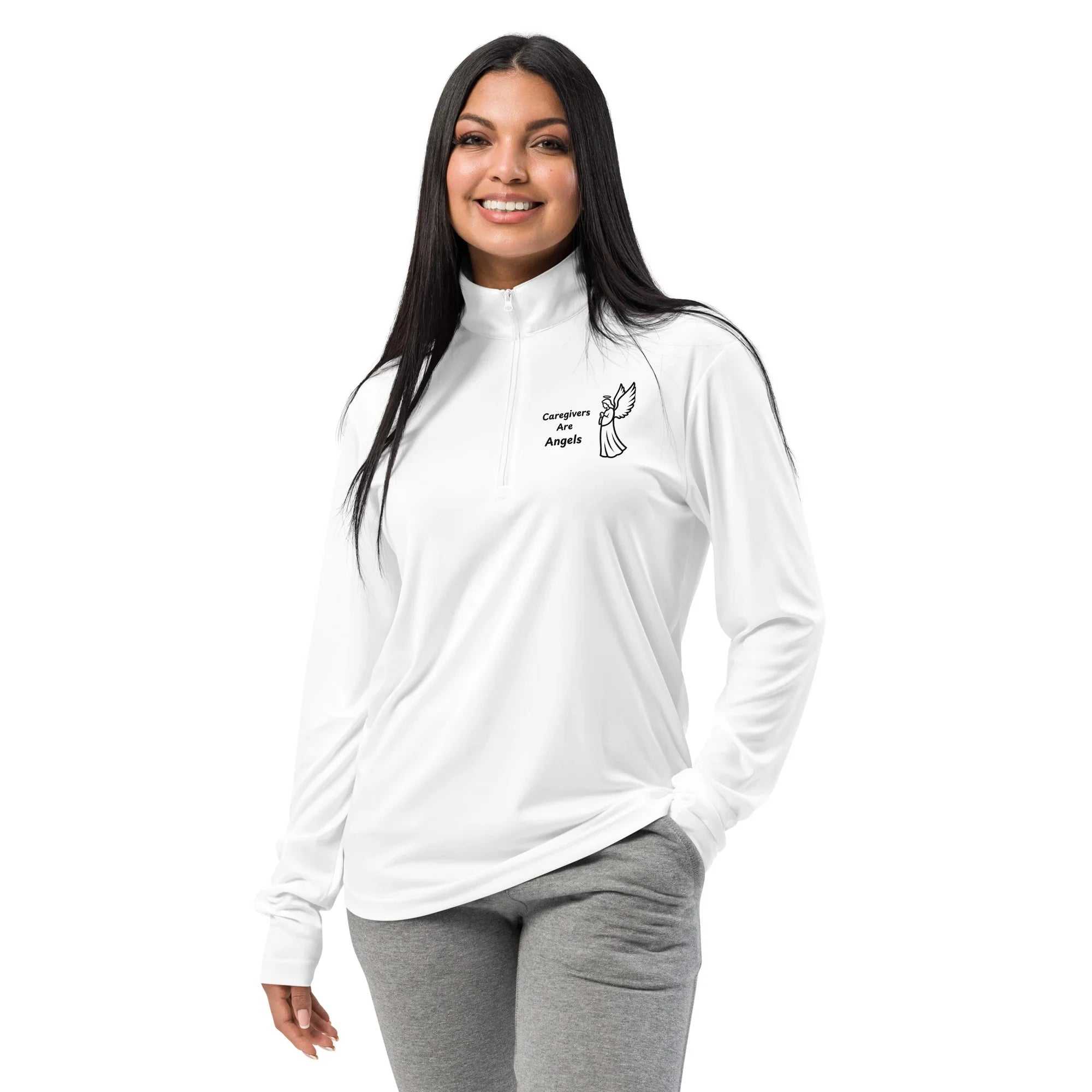 Woman wearing white lightweight quarter-zip pullover with Caregivers Are Angels graphic on chest