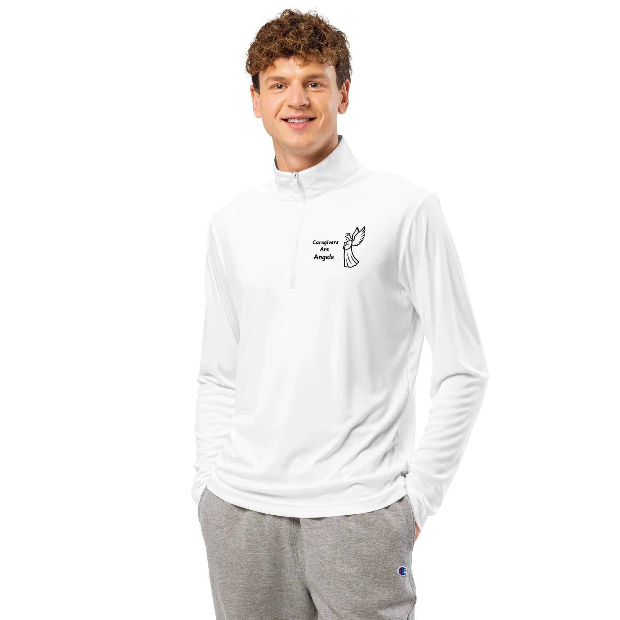 Man wearing white lightweight quarter-zip pullover with Caregivers Are Angels text and angel graphic