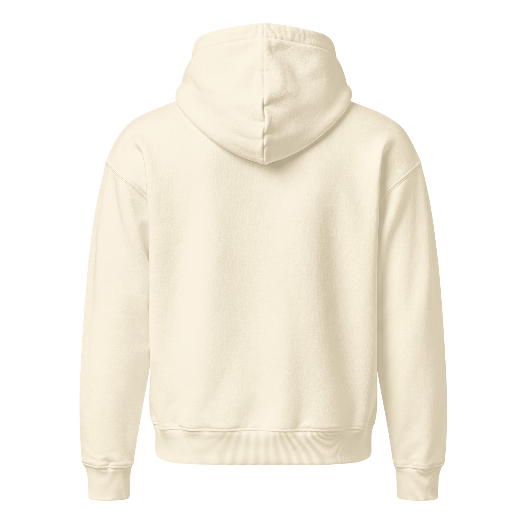 Back view of a cream colored unisex relaxed mid-weight hooded sweatshirt