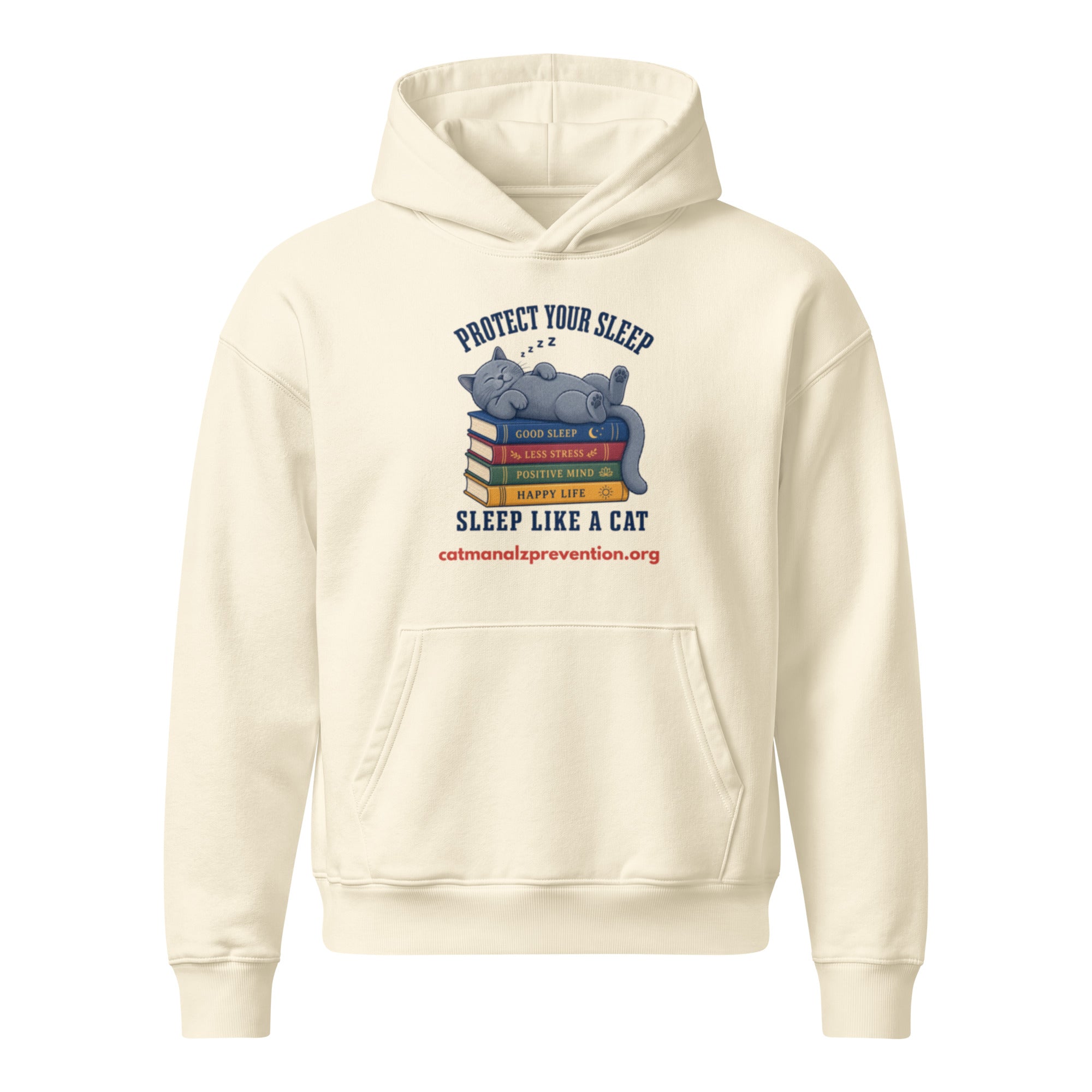 Unisex relaxed mid-weight hooded sweatshirt in cream featuring a cat sleeping on a stack of books graphic