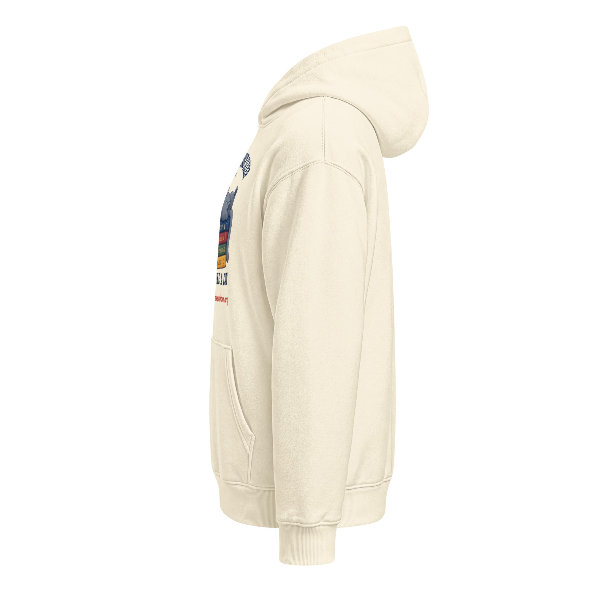 Side view of a cream unisex relaxed mid-weight hooded sweatshirt with a graphic print on the chest