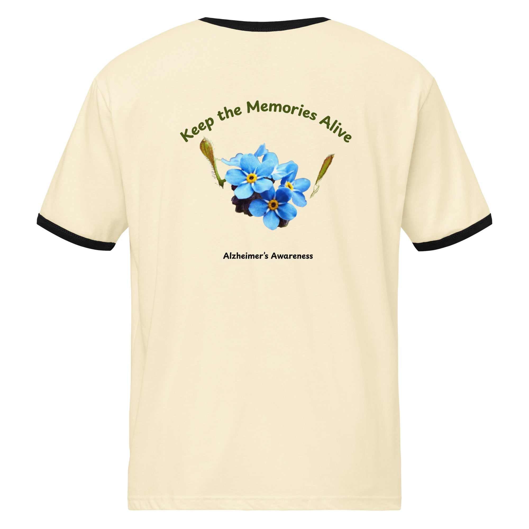 Back of cream unisex Alzheimer's Awareness t-shirt with blue forget-me-not flowers and Keep the Memories Alive text
