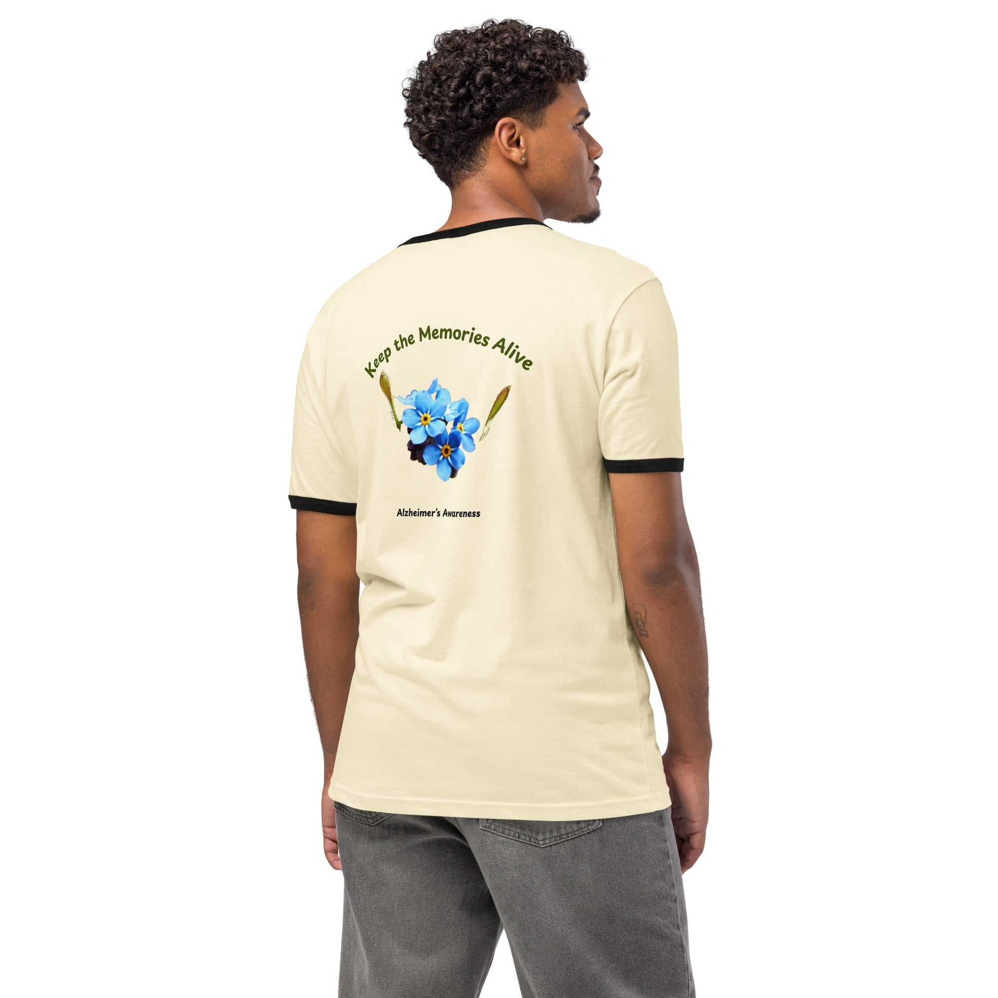 Back view of cream unisex Alzheimer's awareness t-shirt with blue forget-me-not flower graphic