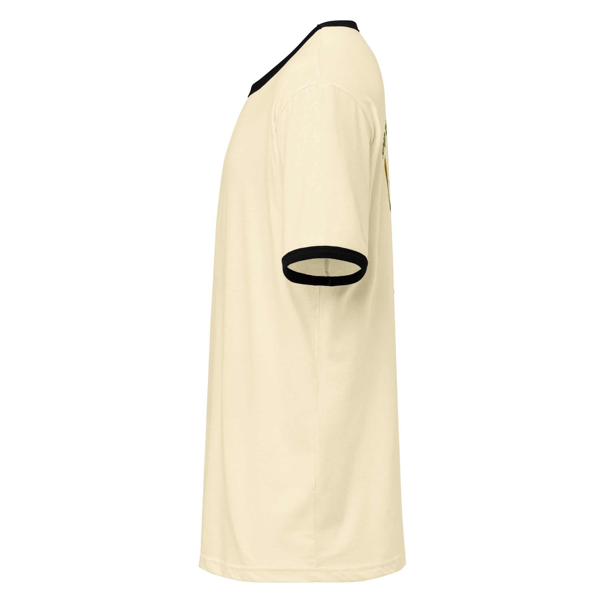 Side view of cream unisex Alzheimer's awareness t-shirt with black collar and sleeve trim