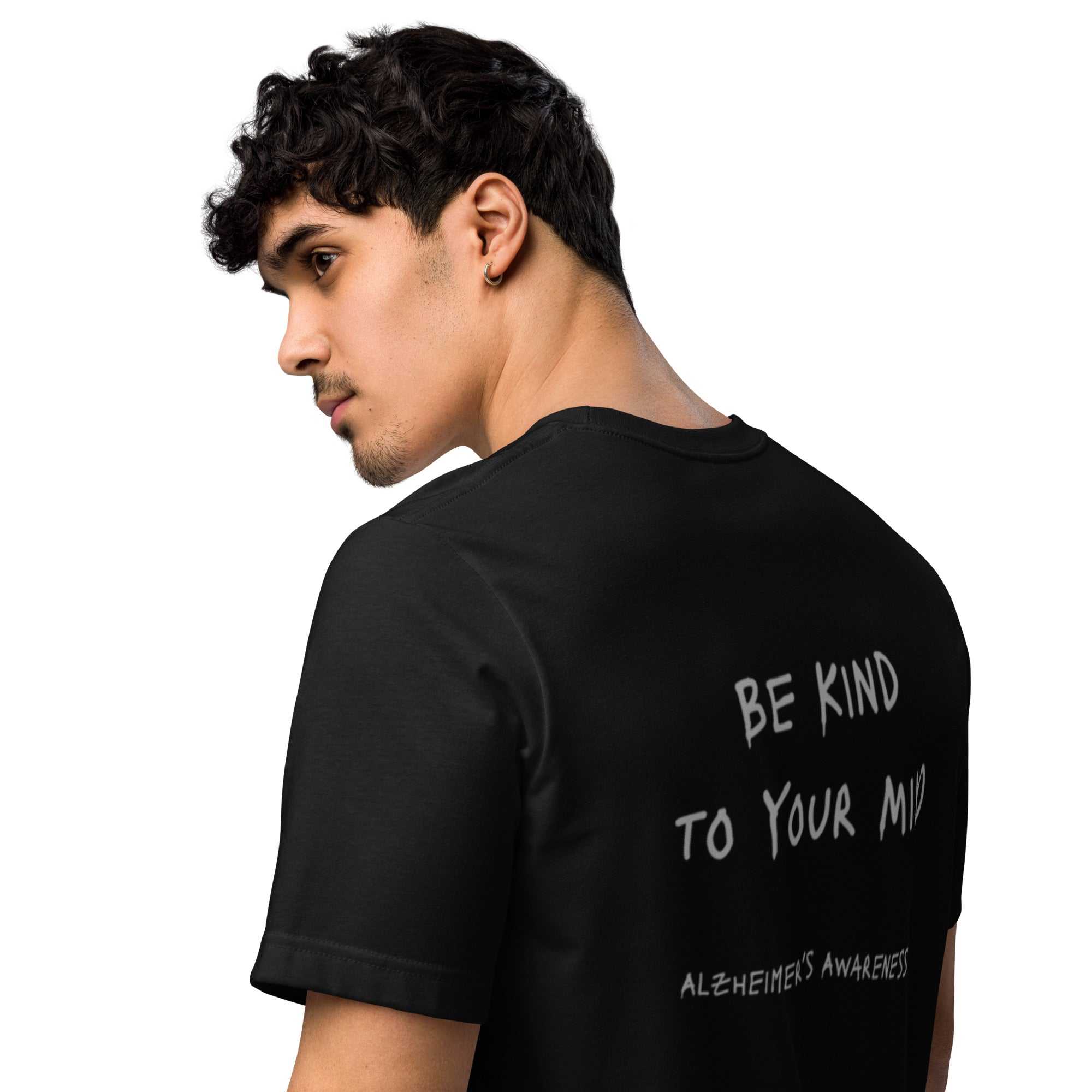 Unisex Eco T-Shirt black with grey "Be Kind To Your Mind" graphic promoting Alzheimer's awareness and sustainability