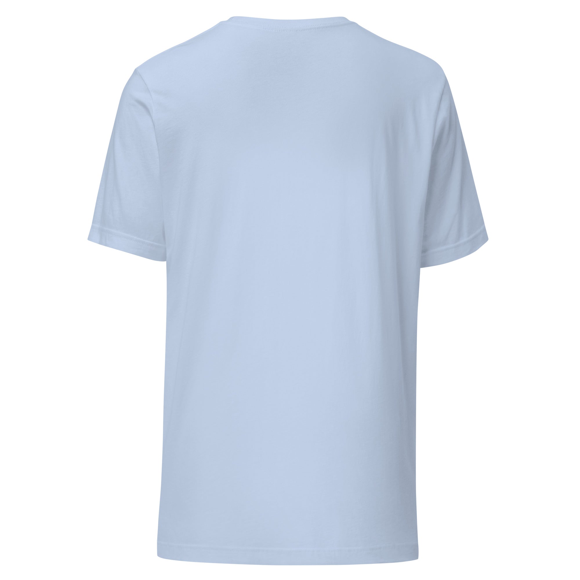 Back view of a light blue Crazy Cat Man Reading t-shirt
