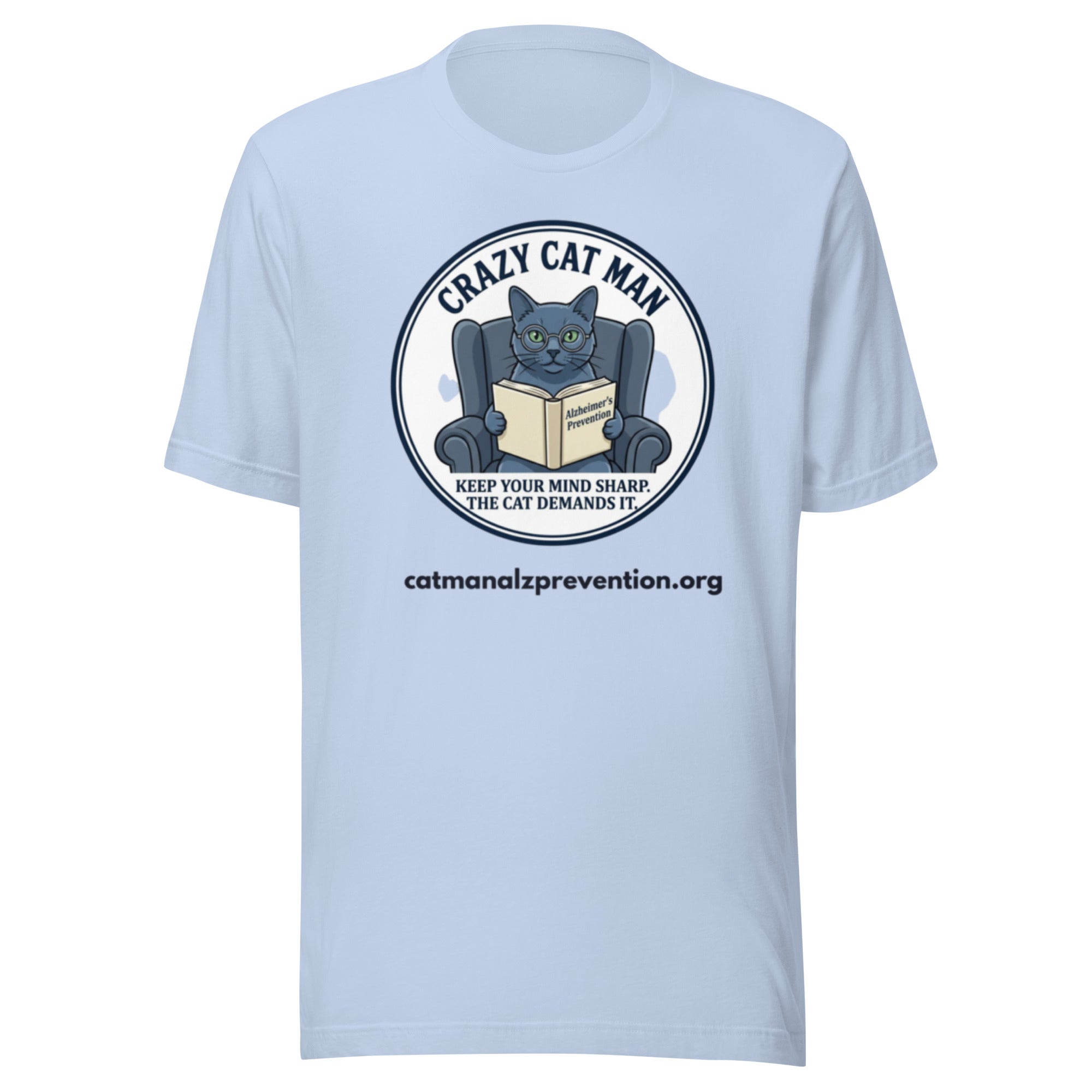 Light blue t-shirt featuring a cat in glasses reading a book titled Alzheimer's Prevention