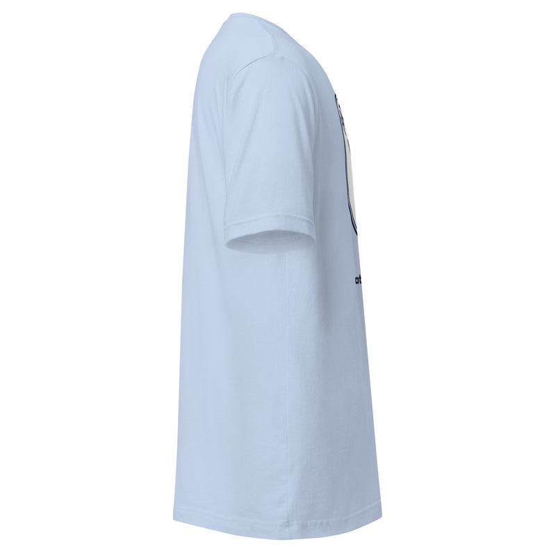 Side view of a light blue Crazy Cat Man Reading t-shirt