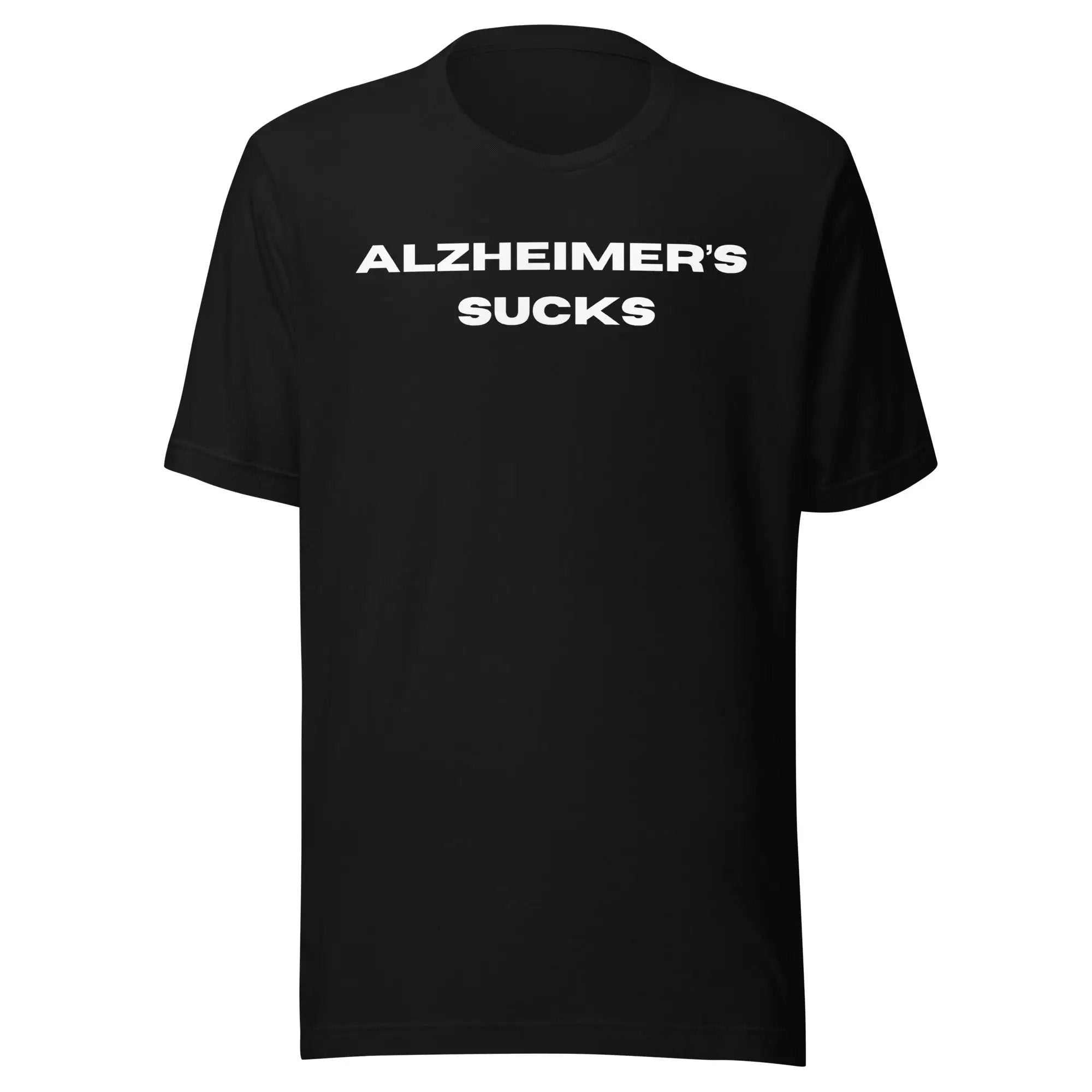 Black unisex t-shirt with white text reading Alzheimers Sucks