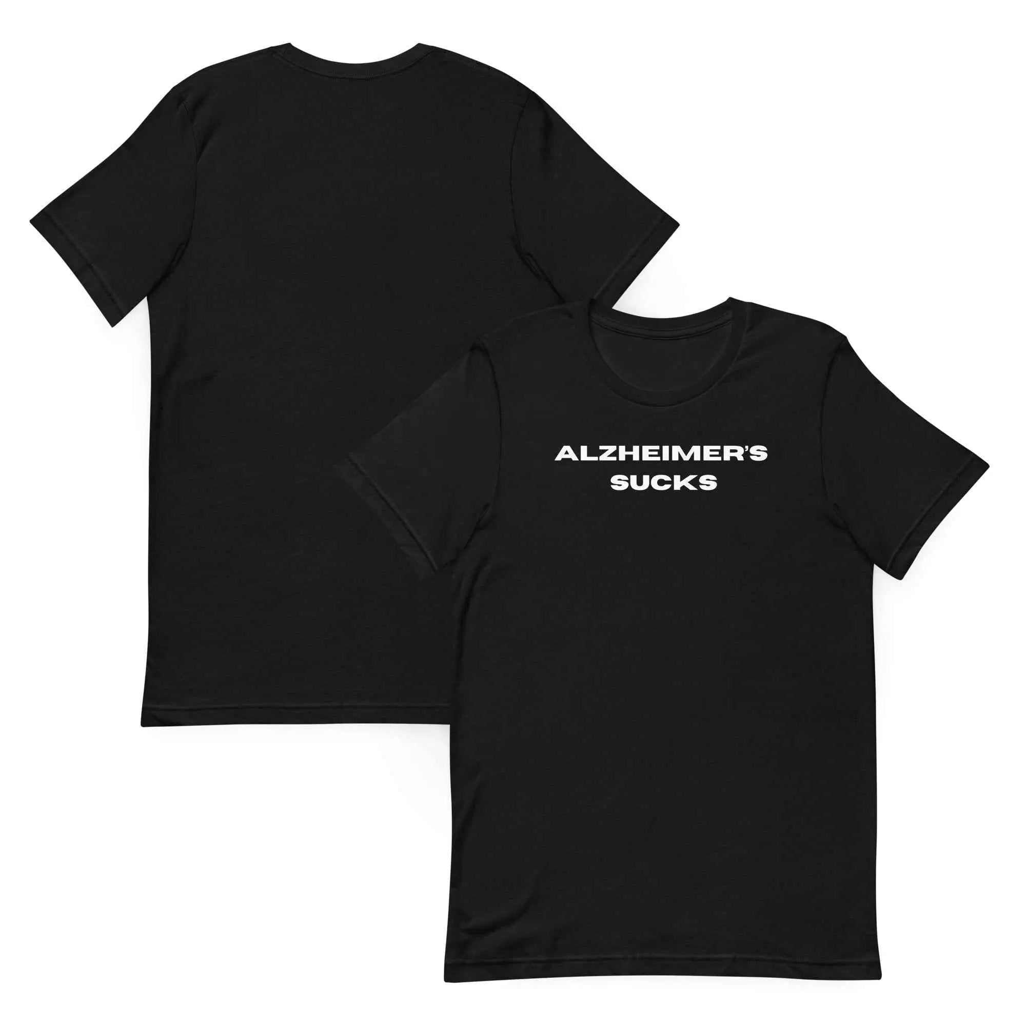 Front and back view of a black unisex Alzheimer's Sucks t-shirt with white text
